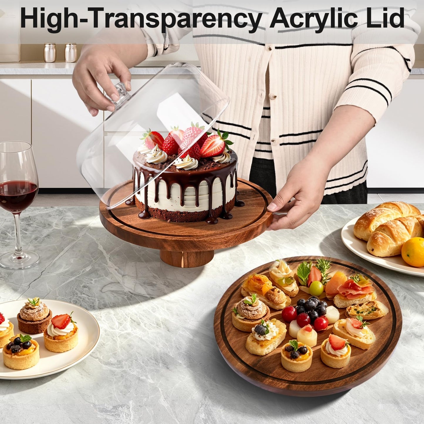 JOCHER Acacia Wood Cake Stand with Lid, 12in Cake Stand with Acrylic Dome (Not Glass), 2-In-1 Cake Display Stand for Charcuterie Board, Chips & Dips, Fruit Platter, Wedding, Birthday, Parties