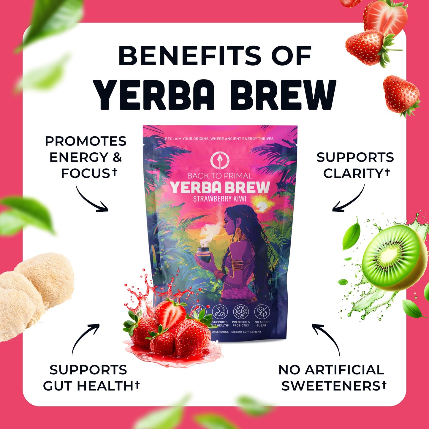 Yerba Mate Instant Tea Powder - Zero Sugar Drink with Nootropics, Prebiotics & Probiotics for Clean Energy & Focus - Coffee Alternative for Mental Clarity & Gut Health Support - Strawberry Kiwi, 30 Servings
