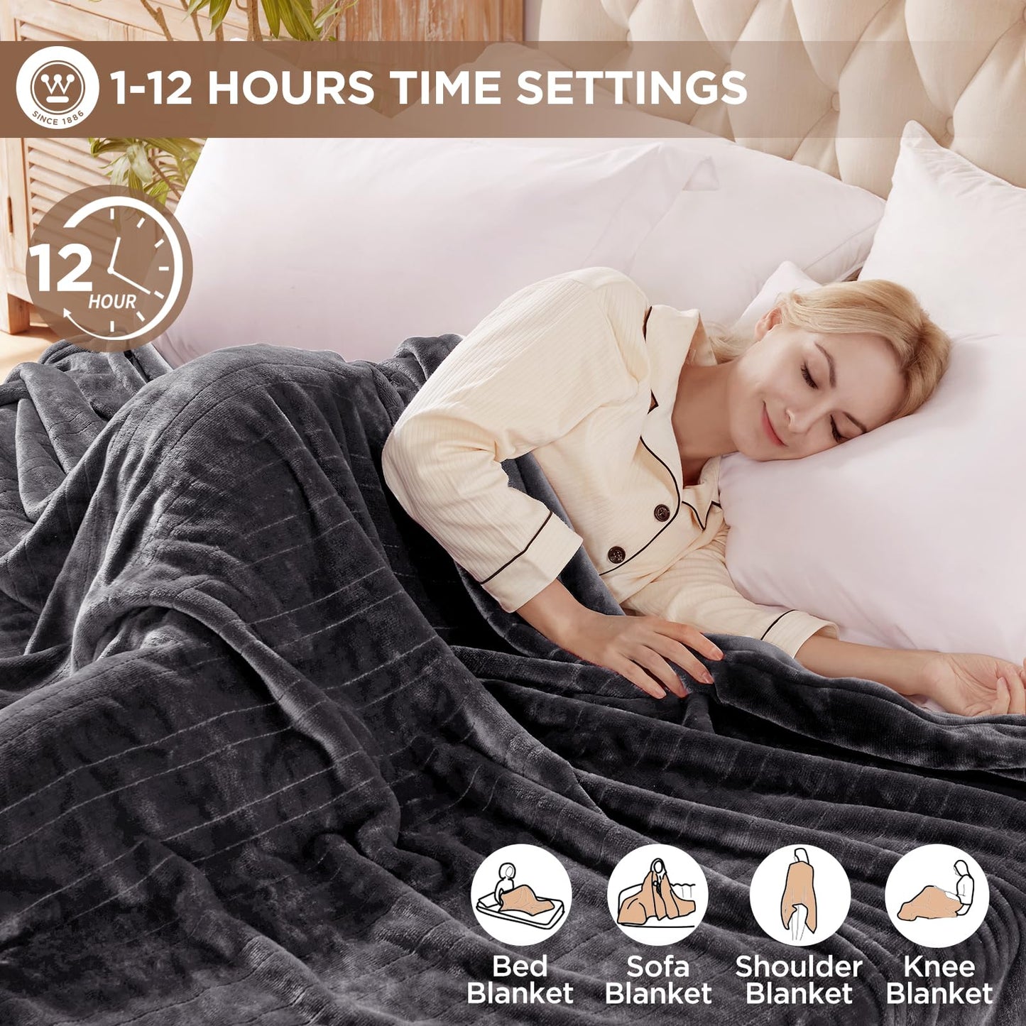 Westinghouse Full Size Electric Heating Blanket, 10 Levels, Auto Shut Off, Fast Heating, Machine Washable (72x84 Inches, Charcoal)