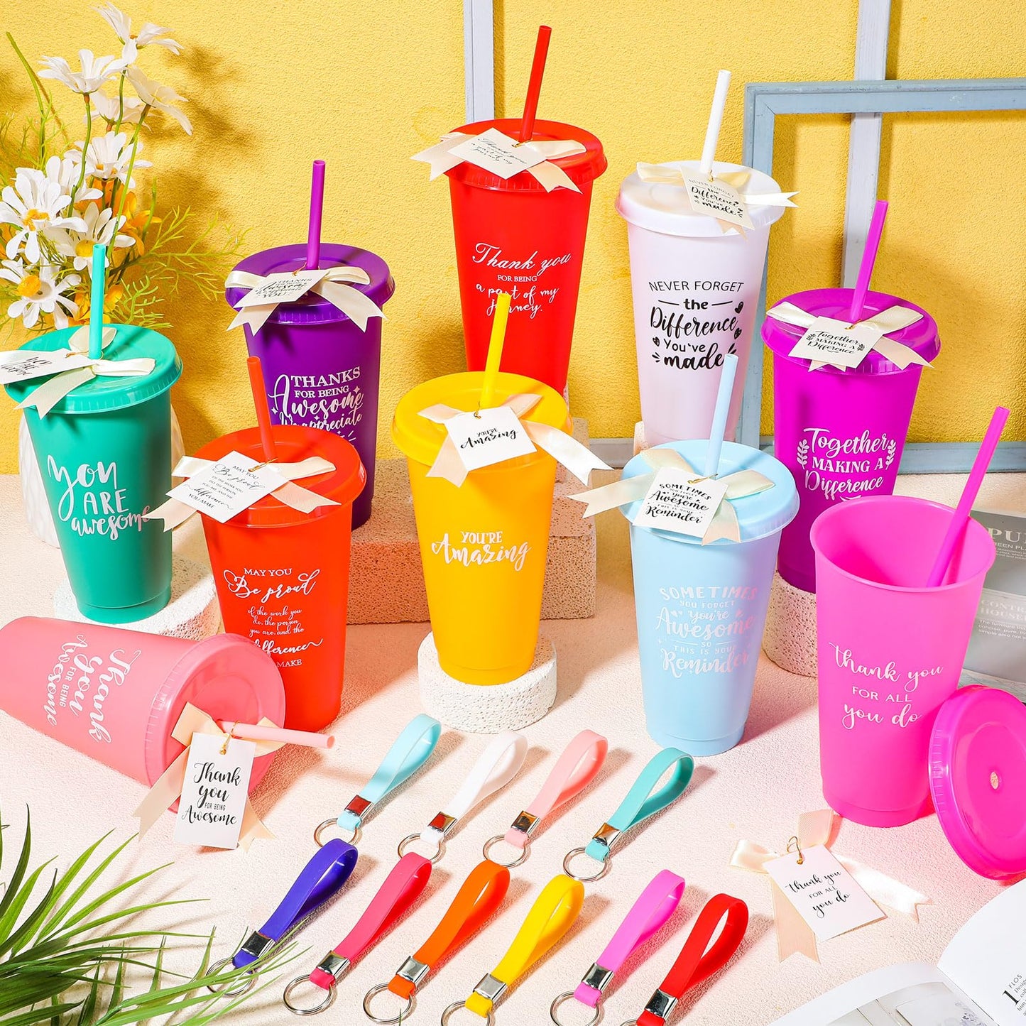 Tioncy 30 Sets Employee Appreciation Gifts Bulk 24 oz Plastic Tumbler with Lid and Straw Reusable Coffee Cups with Keychain Bowknot Card for Coworker Staff Nurses Social Worker Favors(Inspirational)