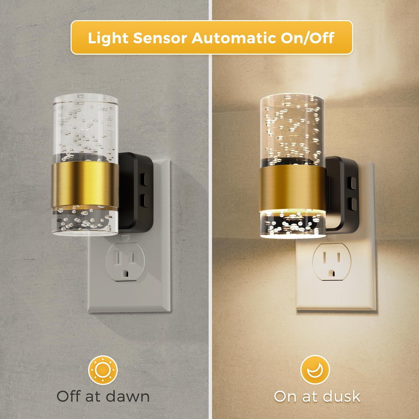 Night Lights Plug into Wall 2 Pack, Dimmable Night Light with Dusk-to-Dawn Light Sensor, Soft White/Cool White/Amber 3 Light Color, Adjustable Brightness, Rotatable plug, Bubble Nightlight for Hallway
