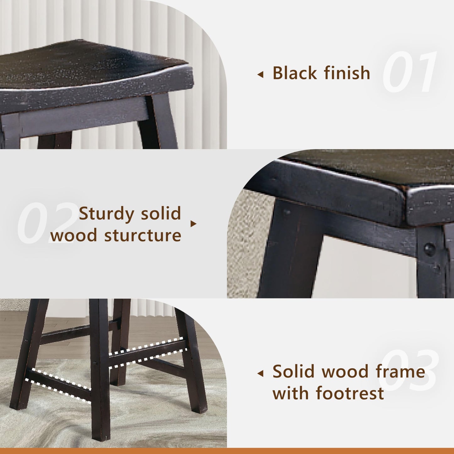 Homelegance Saddleback Solid Wood Kitchen Height Bar Stool Set Of 2 - Saddle Kitchen Stool Dining Height Stools for Dining, Armless Chair Seating Options, Perfect Casual Entertaining Spaces Black