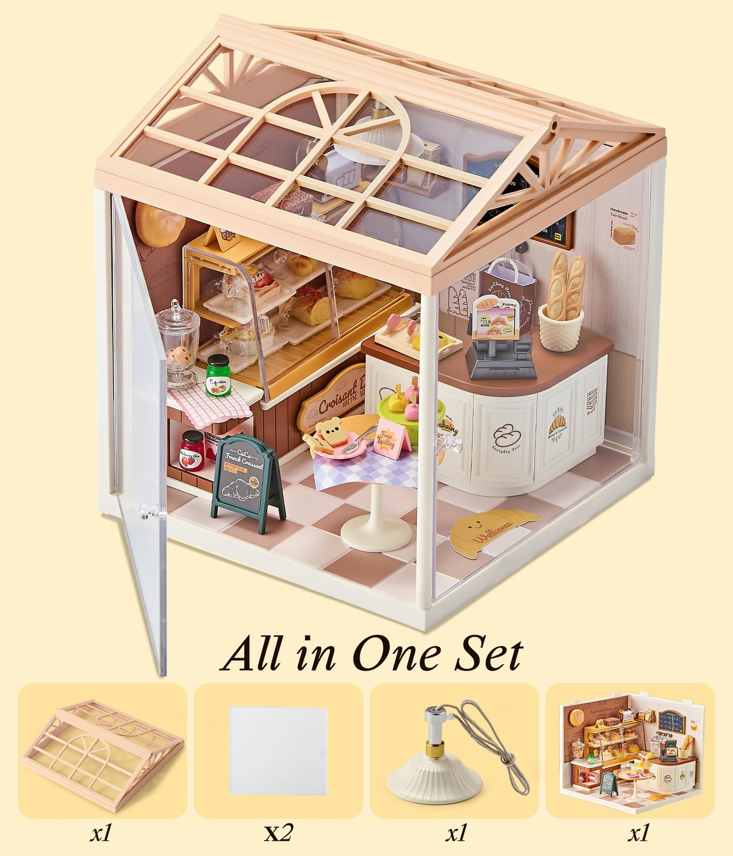 Tkmango Bread Shop DIY Miniature House Kit with Roof & LED Light, Stackable & Connectable Dollhouse Kit with Dustproof Door, Creative DIY Crafts Building Toy Gift for Adults Teens