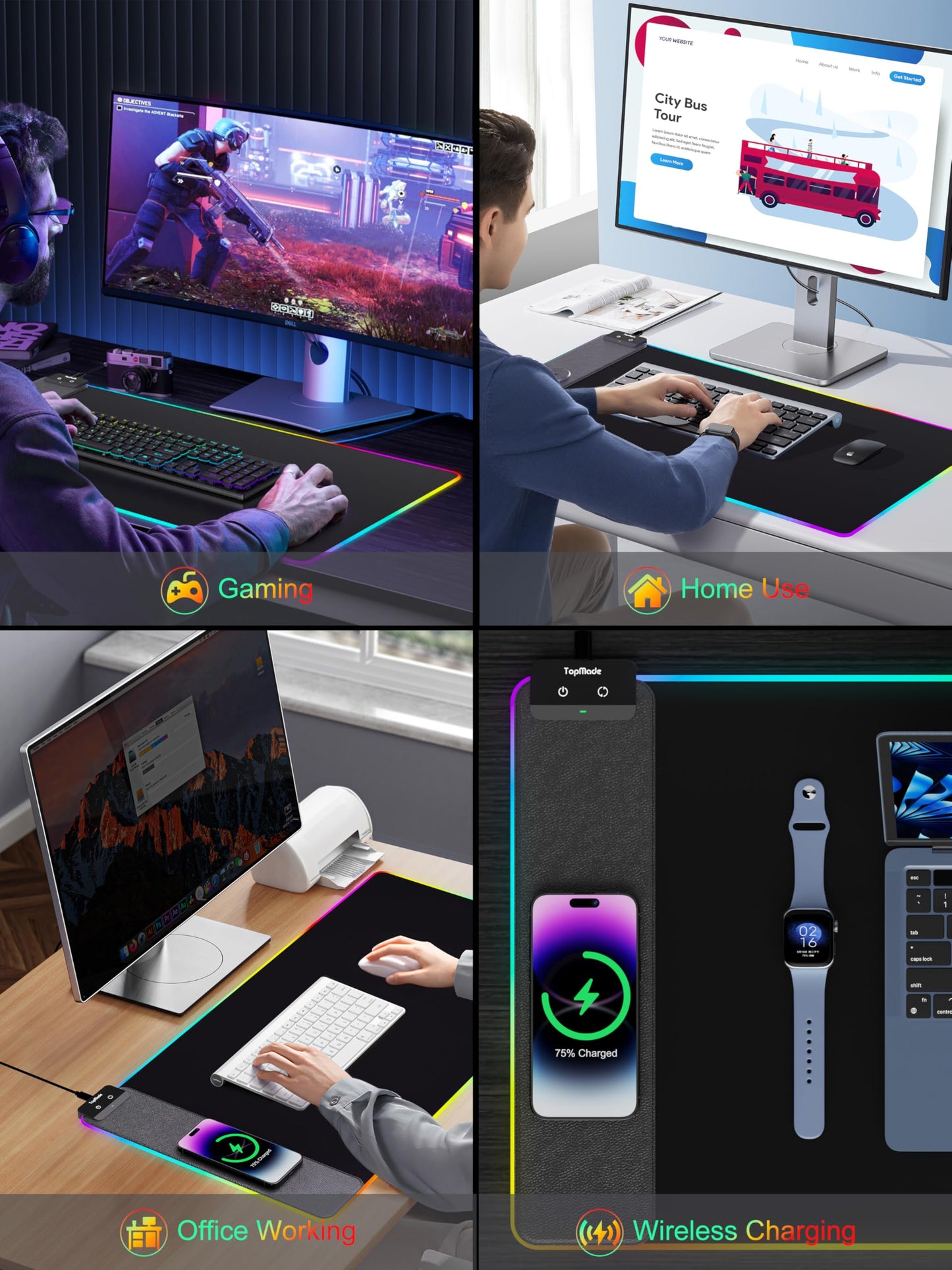 TopMade Wireless Charging Mouse Pad, RGB Gaming Mousepad Home Office Large Desk Mat with 13 Light Modes, Ultra-Smooth Surface, Non-Slip Rubber Base (Includes 20W PD Power Adapter & 6.56ft Woven Cable)