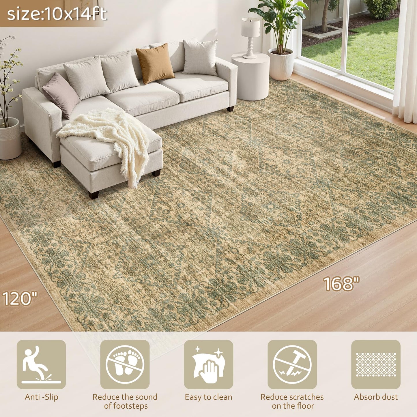 10x14 Area Rug Living Room: Washable Neutral Vintage Large Rugs Non-Slip Stain Resistant Soft Low Pile Indoor Retro Carpet for Bedroom Dining Room Under Table Office Playroom - Brown