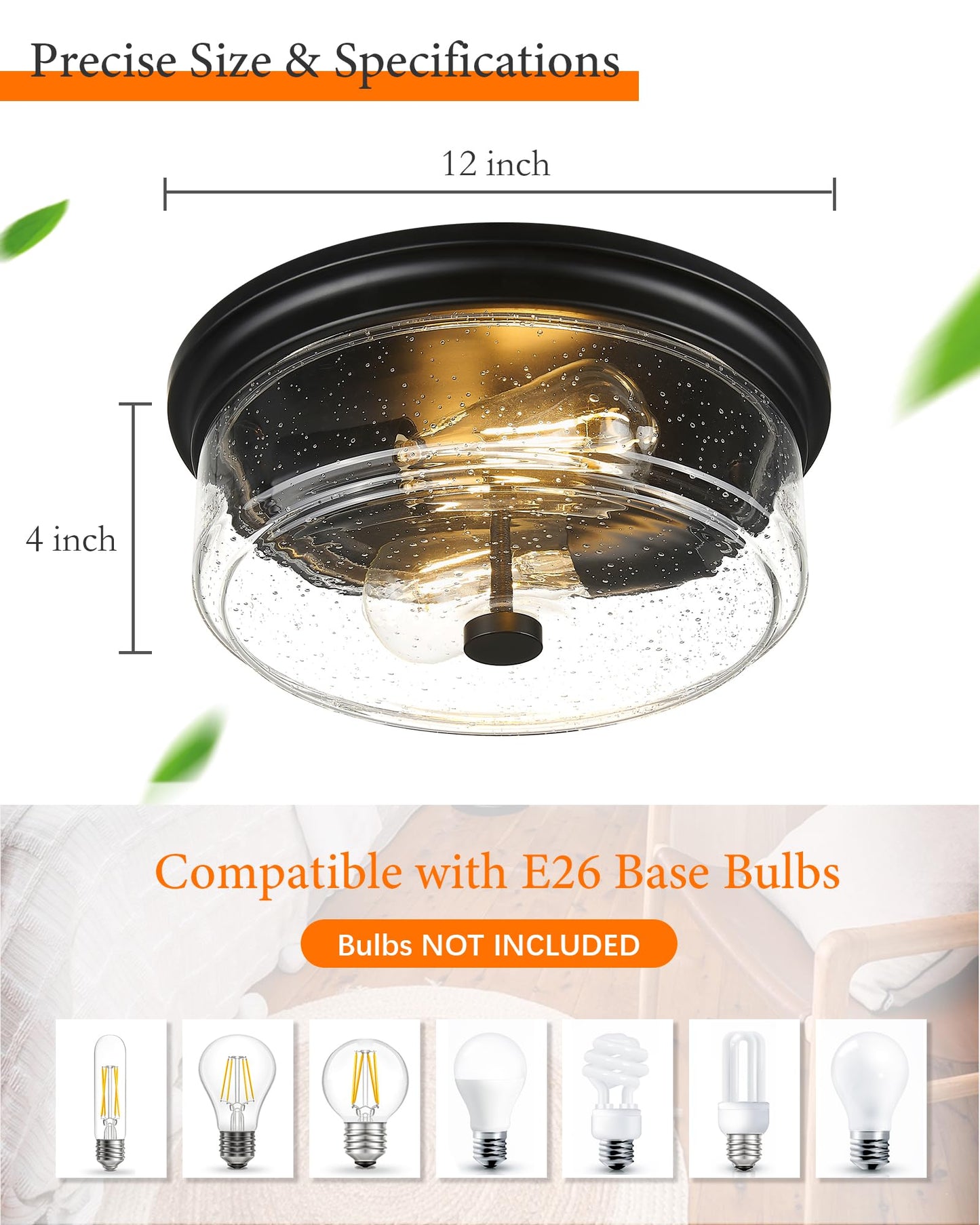 FOITTON Black Flush Mount Ceiling Light, 12 Inch 2-Light Industrial Farmhouse Light Fixture with Seeded Glass Shade for Kitchen, Hallway, Entryway, Bedroom