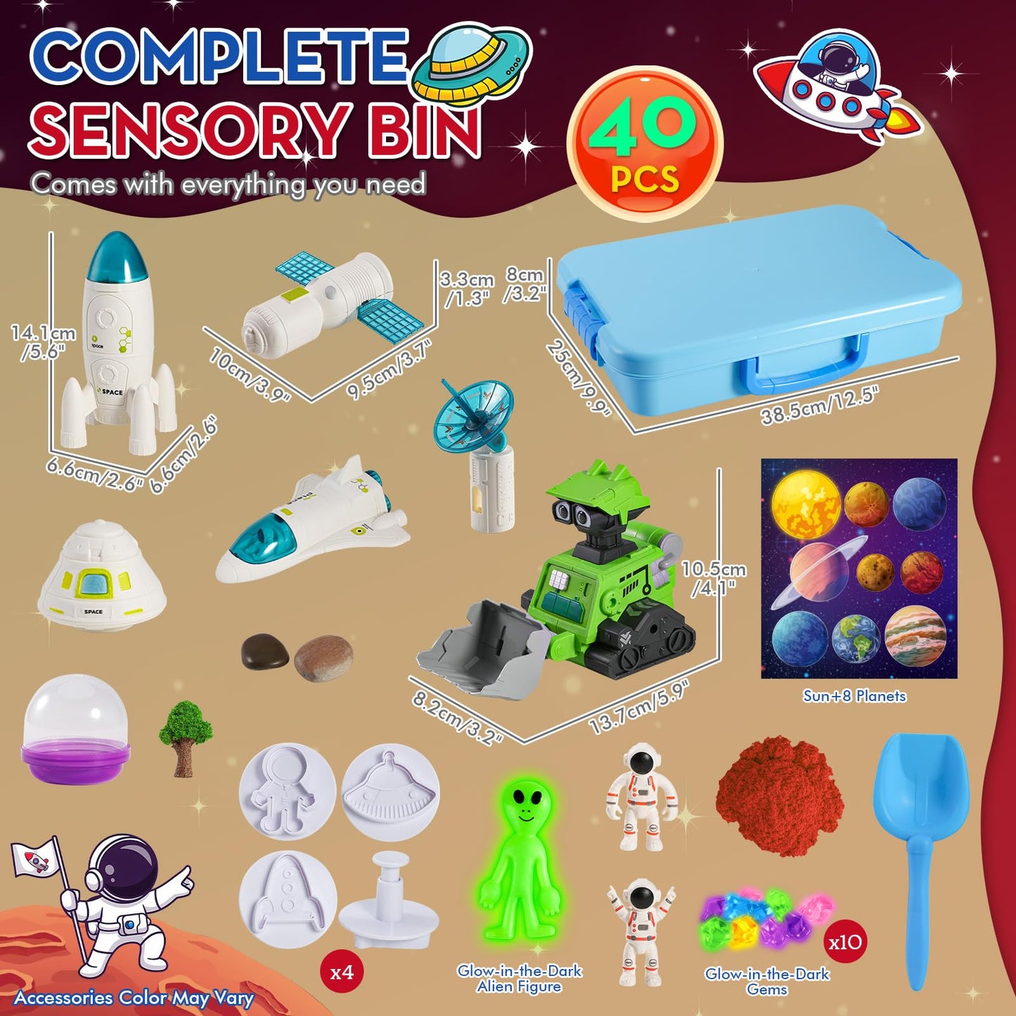 KNASON Outer Space Sensory Bin,Play Sand Kit for boys with 1 KG Sand,Glow in The Dark Alien and Gems,Space Science Kits Sandbox Toys Preschool Toddler Activities Christmas Gift for Kids Ages 3-8