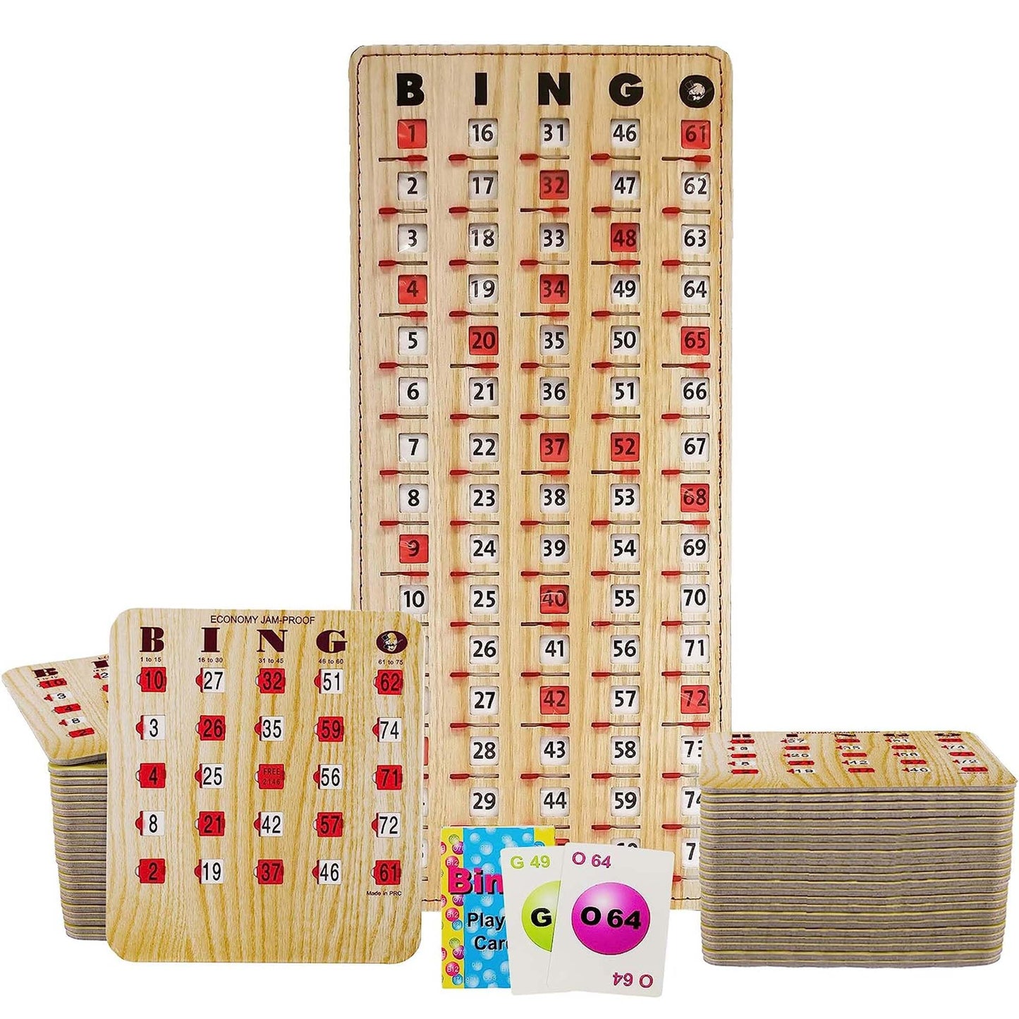MR CHIPS Jam-Proof Bingo Cards with Sliding Windows, 50 Reusable Shutter Cards, 75 Calling Cards 1 Master Board in Tan Woodgrain Style