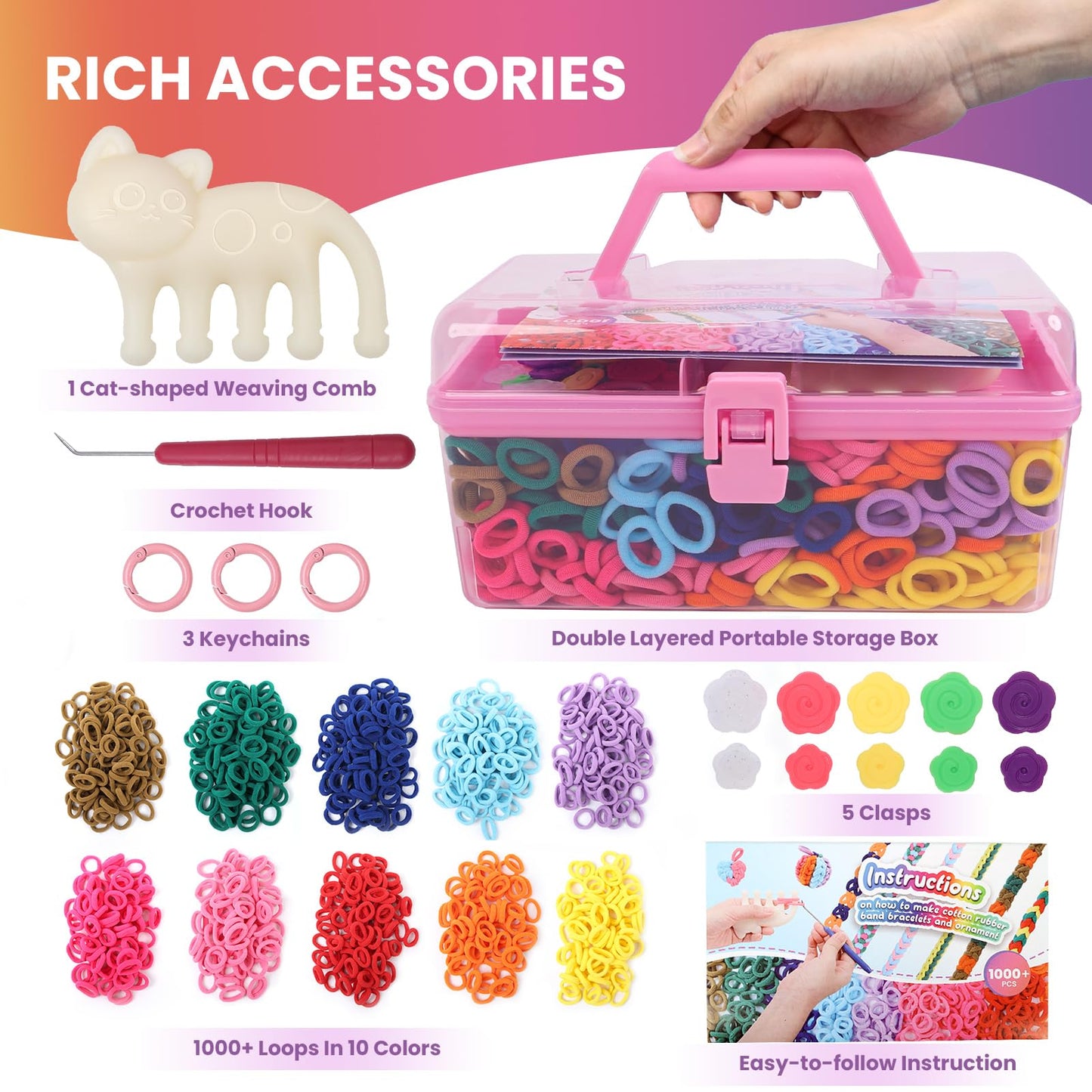 DDAI Bracelet Making Kit for Girls Ages 6-12 – Arts and Crafts for Kids Weaving Loom Bracelets Kits -1000+ Colorful Elastic Cloth Loom Bands – Great Birthday Gift for Girls Boys 7 8-12 Years Old