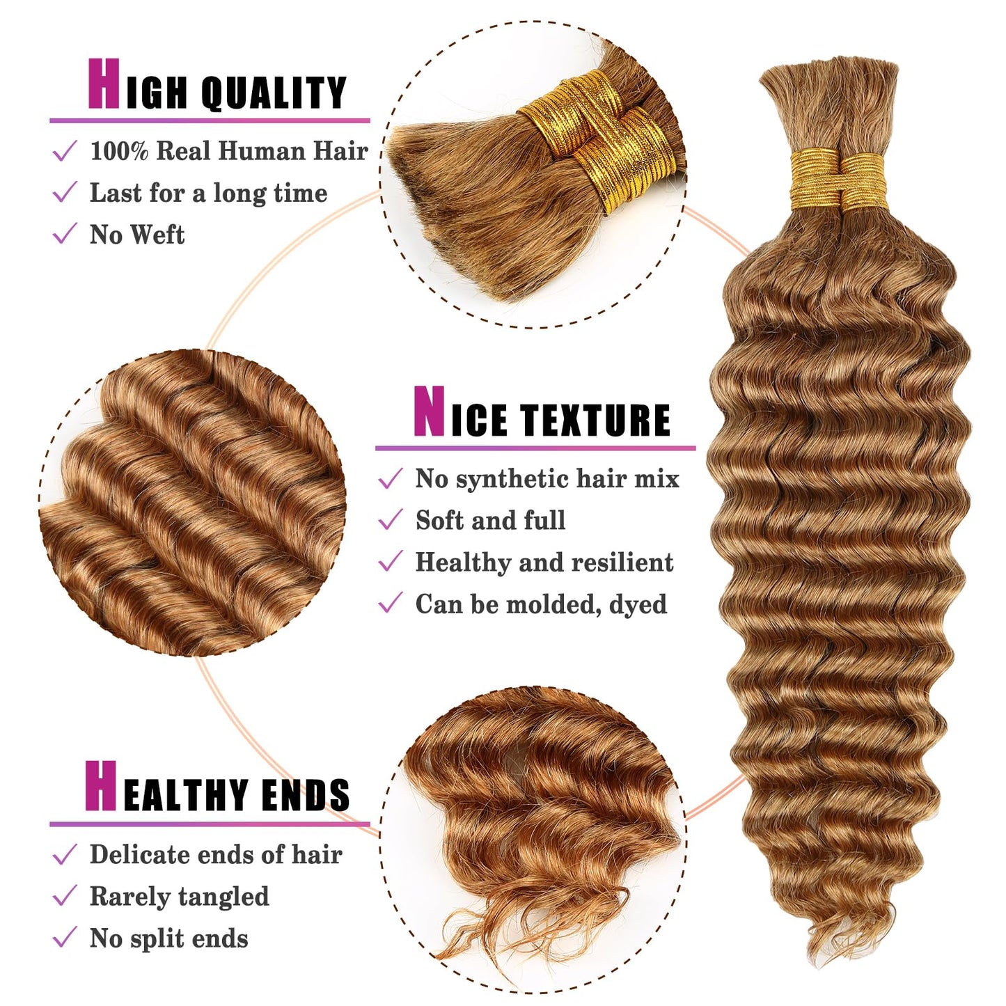 Honey Human Braiding Hair Deep Wave Bulk,27# Color No Weft Curly Braiding Hair Extensions for Boho Braids Wet and Wavy Braiding Human Hair Bundles(20inch,#27,100g)
