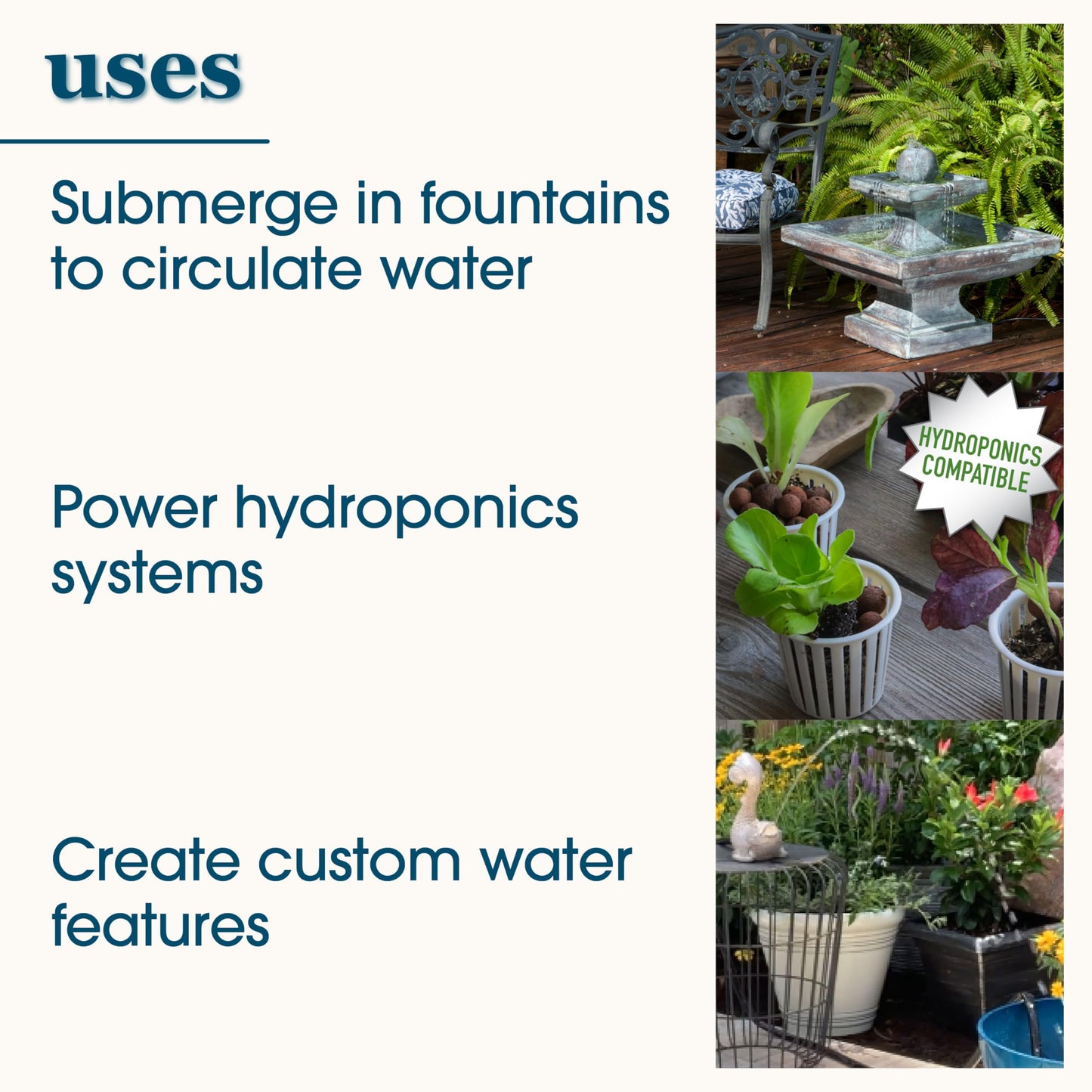 smartpond 155 GPH Fountain Pump with Low-Water Shut-off Feature, Auto Shut-Off to Prevent Pump Burnout, 3 ft. Pumping Height, Ideal for Small Fountains, Great for Hydroponics