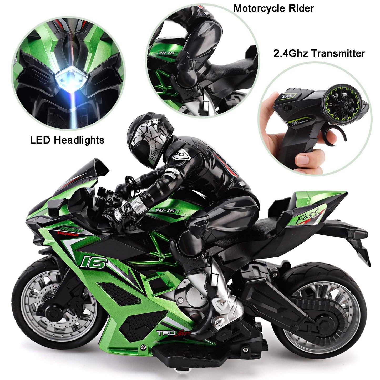 Liberty Imports 2.4G RC Remote Control Stunt Motorcycle with Riding Figure, 1:10 Scale High Speed Cross Country 360 Degree Rotation Drift Shockproof Racing Motorbike (Green)