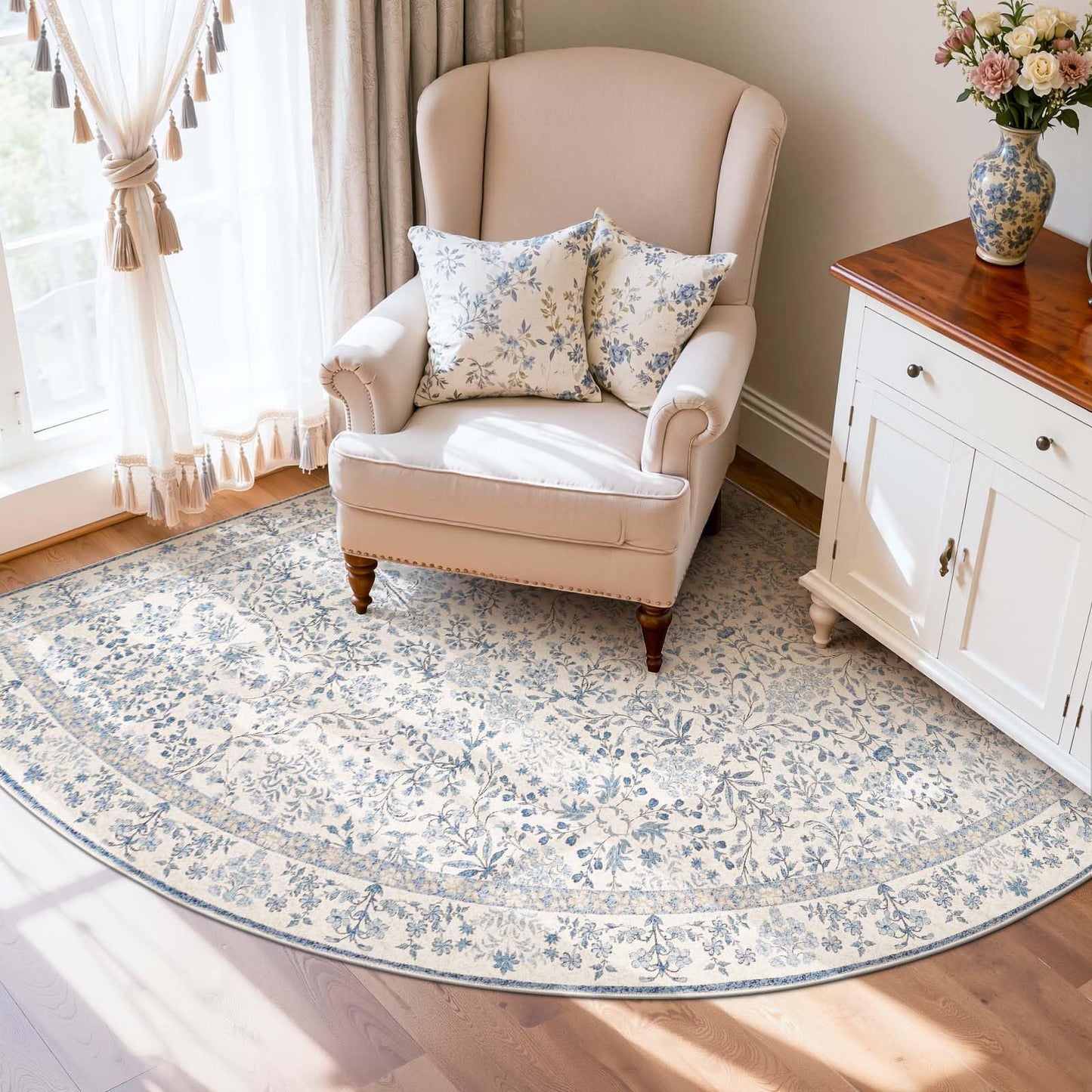 jinchan Zenith Corner Rug 6x6 Area Rug Floral Soft Aesthetic Rug Non-Slip Low Pile Machine Washable Carpet for Entryway Bedroom Kids Room Kitchen College Dorm Blue/Cream