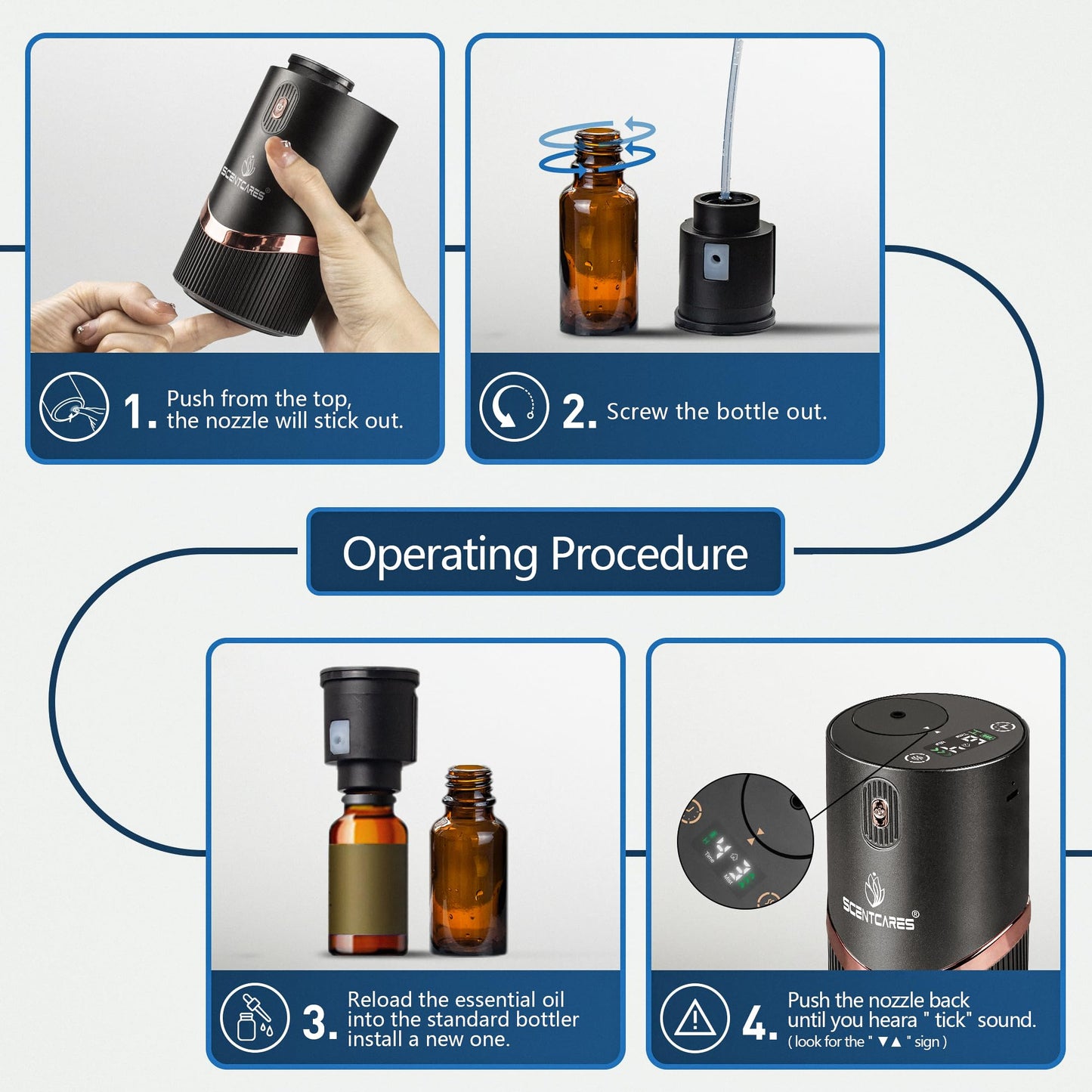 Waterless Diffuser for Essential Oil, Waterless Diffuser - Car Diffuser with Warm LED, Automatic Power-Off, Multifunction 4 Cold Mist & Timer 1/2/4/6H