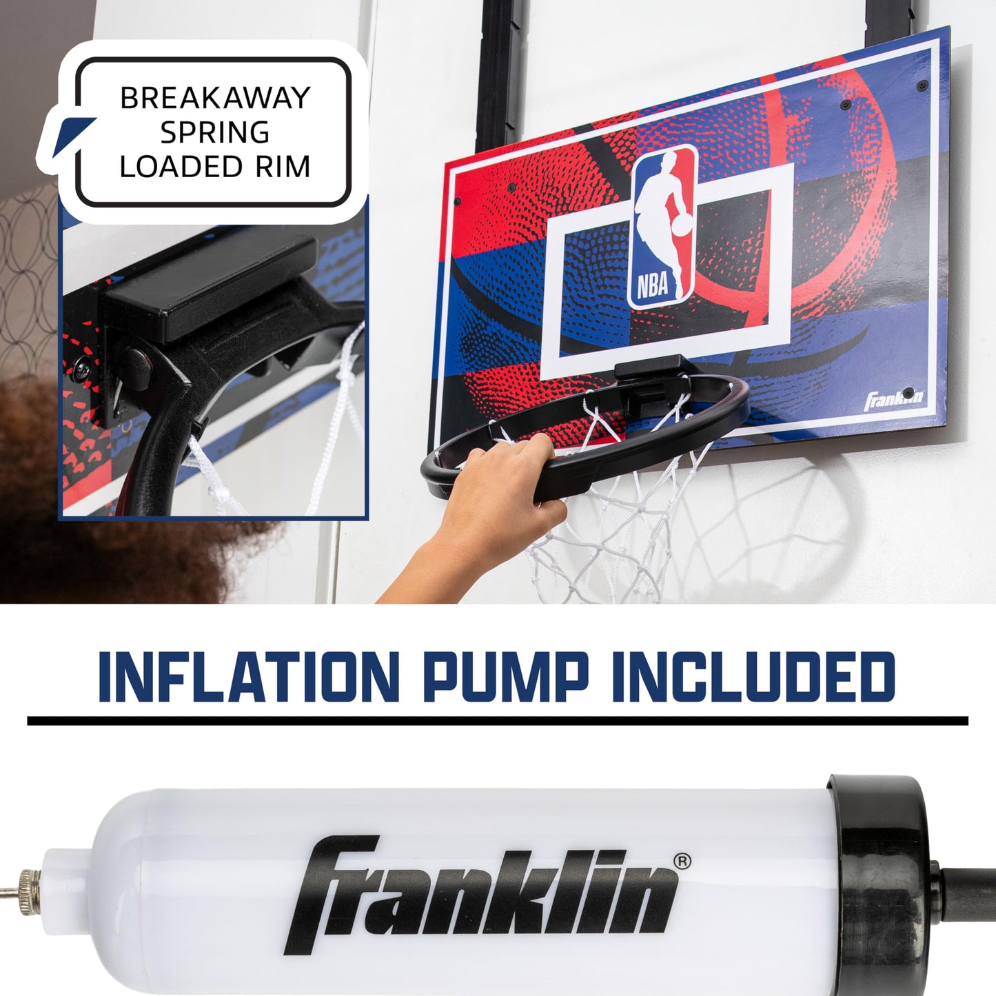 Franklin Sports NBA Grow-with-Me Kids Mini Basketball Hoop Set - Over the Door Indoor Hoop for Kids - Includes (1) Adjustable Height Basket, (1) Mini Youth Basketball + Air Pump - Ages 3+