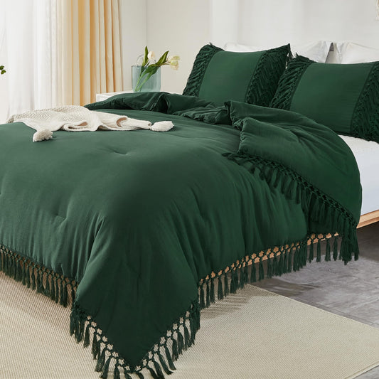 Andency Emerald Comforter Set California King, 3 Pieces Boho Tassel Lightweight Soft Bedding Comforter Sets for King Bed, All Season Fluffy Fringe Bed Set (104x96In Comforter & 2 Pillowcases)
