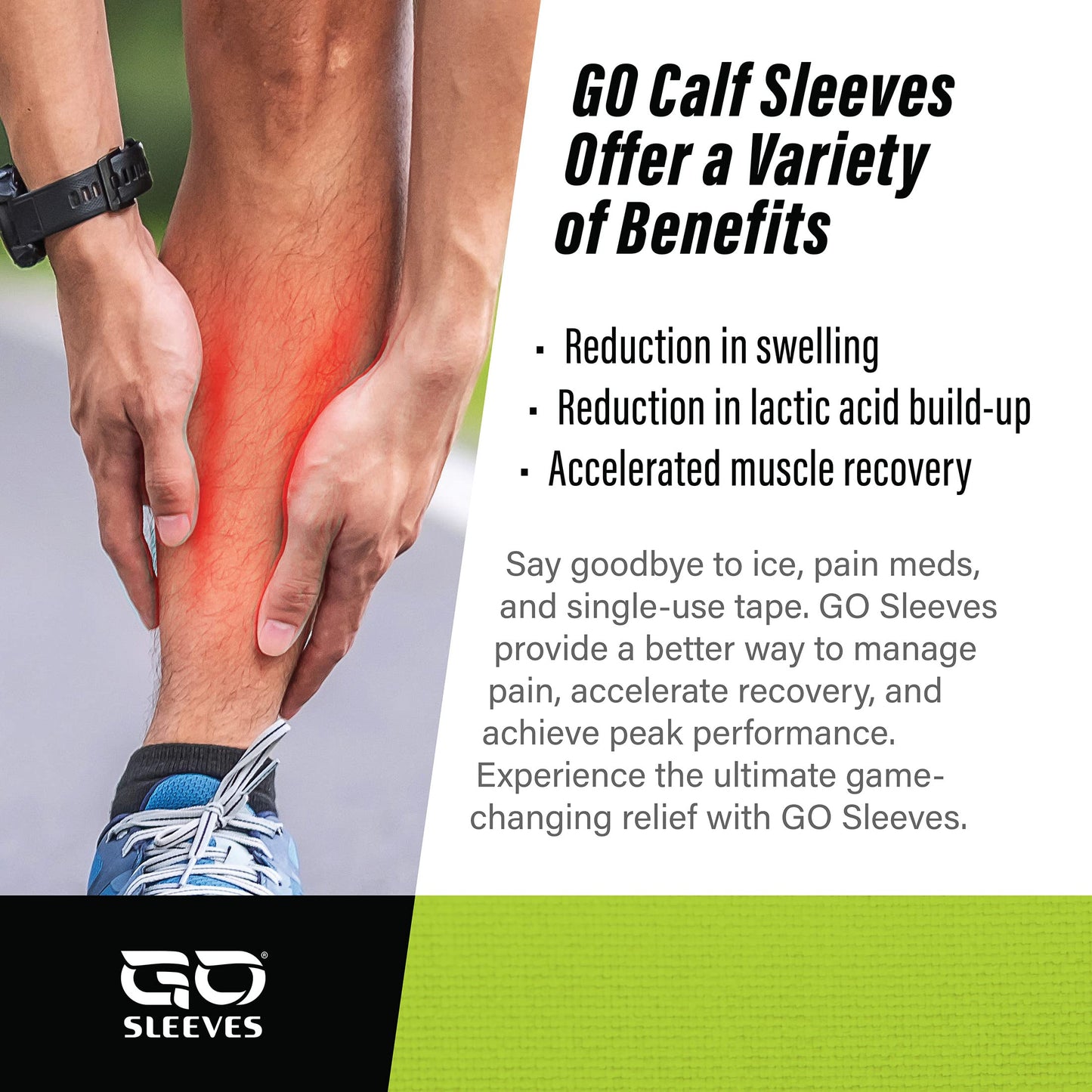 GO SLEEVES Kinesiology Calf Compression Sleeve Men, Targeted Support for shin splints, Muscle Fatigue, Soreness, Calf Muscle
