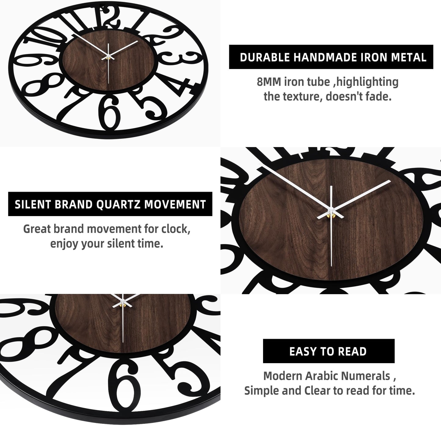1st owned Large Wall Clock for Living Room Decor- 24" Decorative Antique Silent Non Ticking,Battery Operated,Black Metal,Wood Clocks for Farmhouse,Dining Room,Bedroom,Kitchen - Arabic Numerals