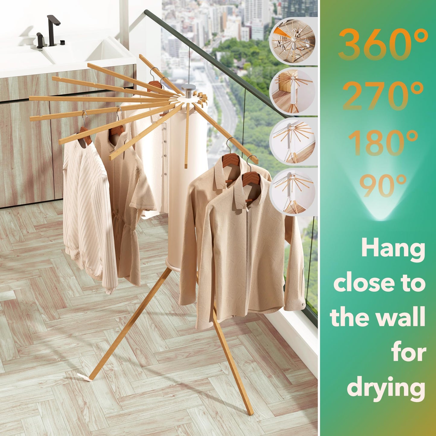 BAZANADI Heavy-Duty Wooden Tripod Clothes Drying Rack, 16 Rods, Large Capacity, 360° Airflow Umbrella Dryer, Foldable Space-Saving Floor Stand for Indoor Outdoor Use