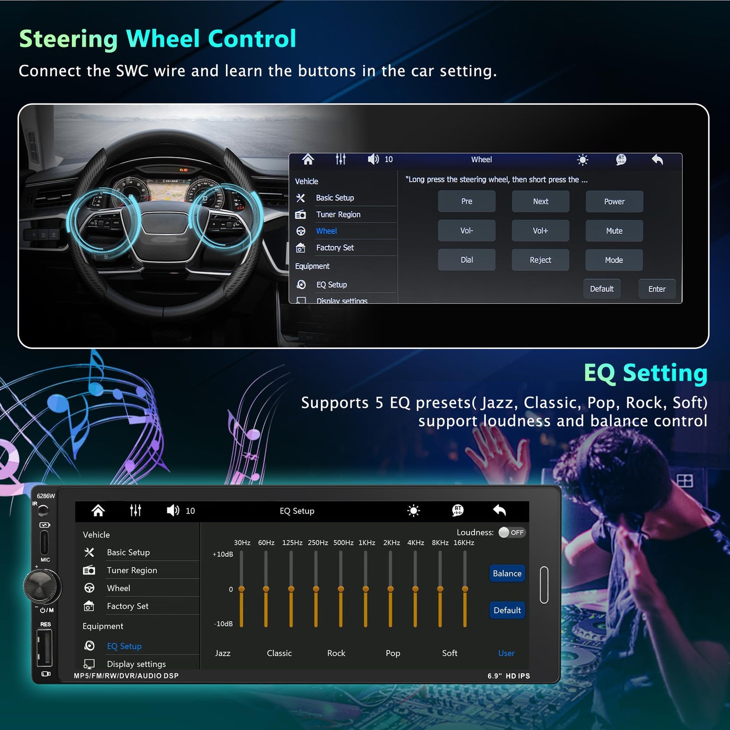 6.9 in Wireless Carplay Single Din Car Stereo, HD IPS Touchscreen Car Radio, Car Stereo with Bluetooth 5.0,Mirror Link,FM,EQ,USB/Type-C,MIC, Weatherproof Night Version Backup Camera, Android Auto