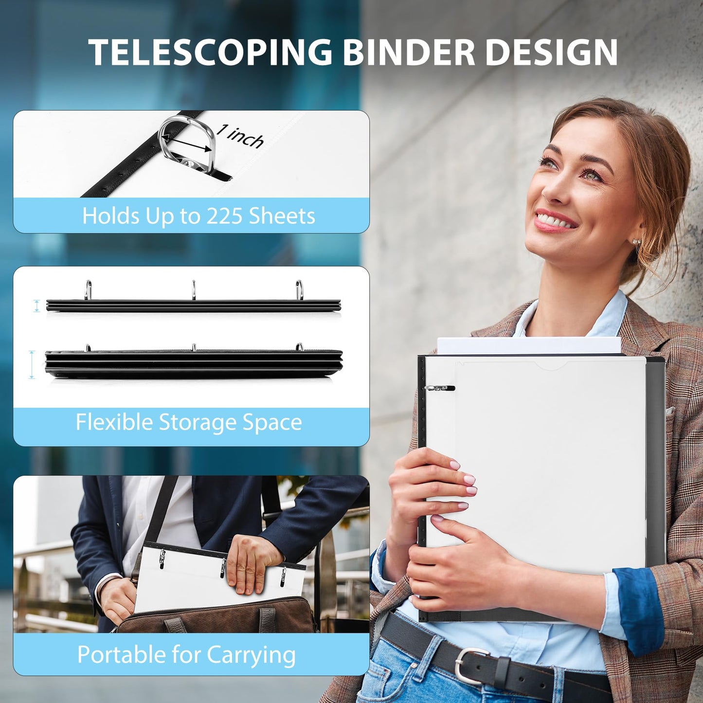 WOT I Telescoping 3 Ring Binder 1 Inch 12PCS, Flexible Binder with Expandable Spine+Customized Front Cover+Clear Catalog Pocket, 1 Inch Rings Holds 225 Sheets, School Office Binder Supplies, White