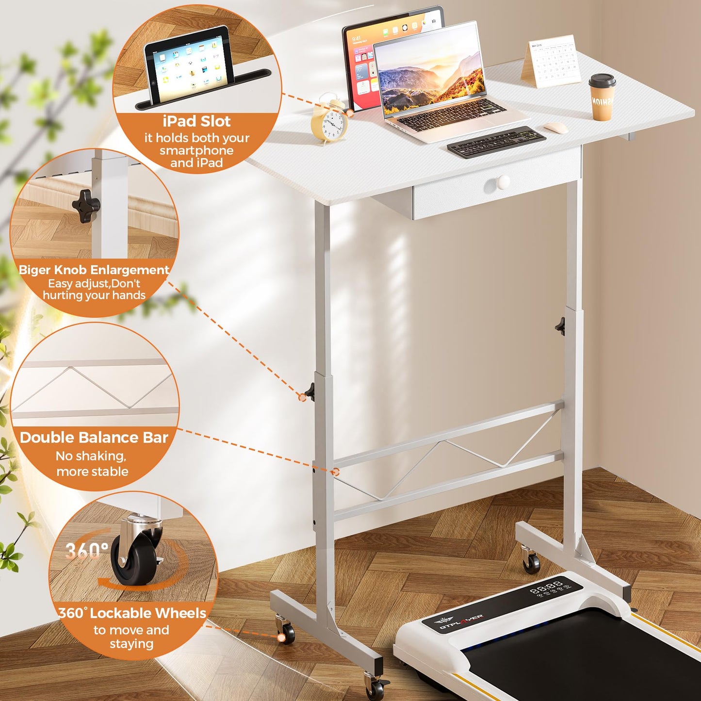 GTPLAYER Small Standing Desk Adjustable Height Small Computer Desk Mobile Portable Rolling Laptop Table with Wheels 32" Computer Workstation Sit Stand Desks Portable Standing Table Treadmill desks
