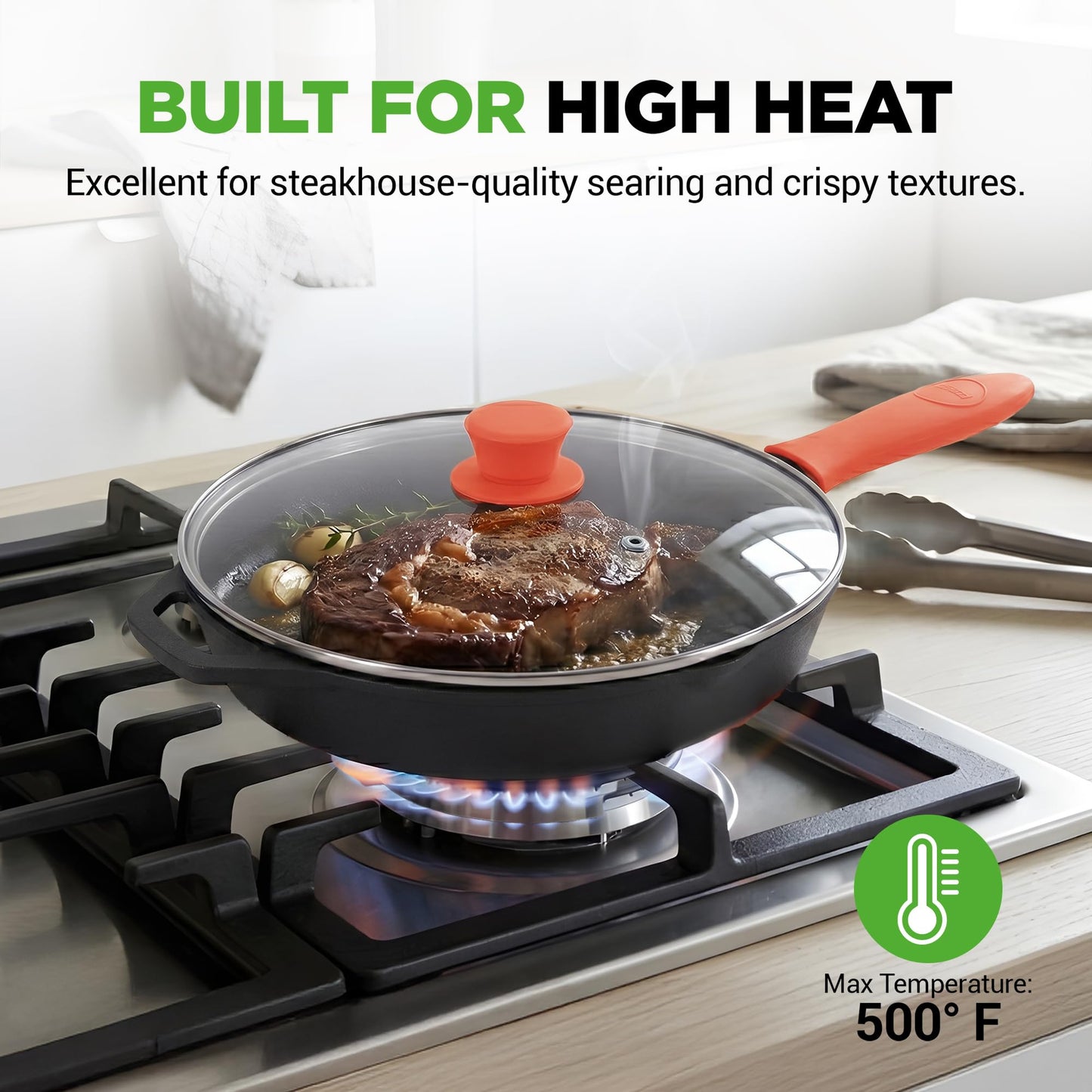 NutriChef 10 Inch Cast Iron Skillet with Lid - Pre-Seasoned Small Fry Pan with Side Drip Spout and Silicone Handle