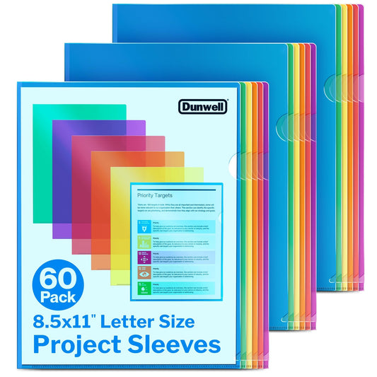Dunwell Clear Folders for Documents, Plastic 8.5x11 File Sleeves for Document Protection, Filing, Storage, Organization (60 Pack) Colorful Folders with Pockets, Durable Letter Size Document Holder