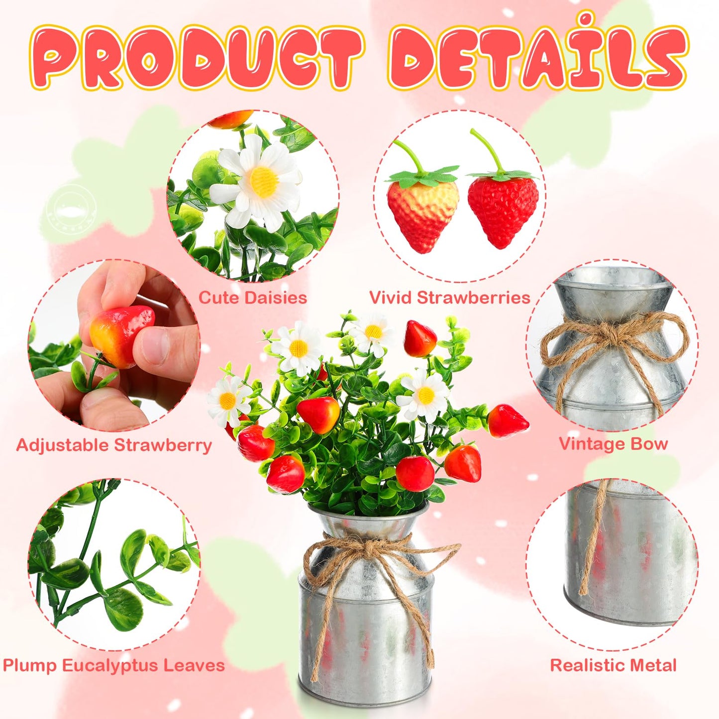 6 Sets Summer Strawberry Centerpieces for Tables Artificial Strawberry Daisy Plants with Vase and Fake Strawberries Berry Farmhouse Sweet Baby Shower Decor for Home Party Wedding Kitchen