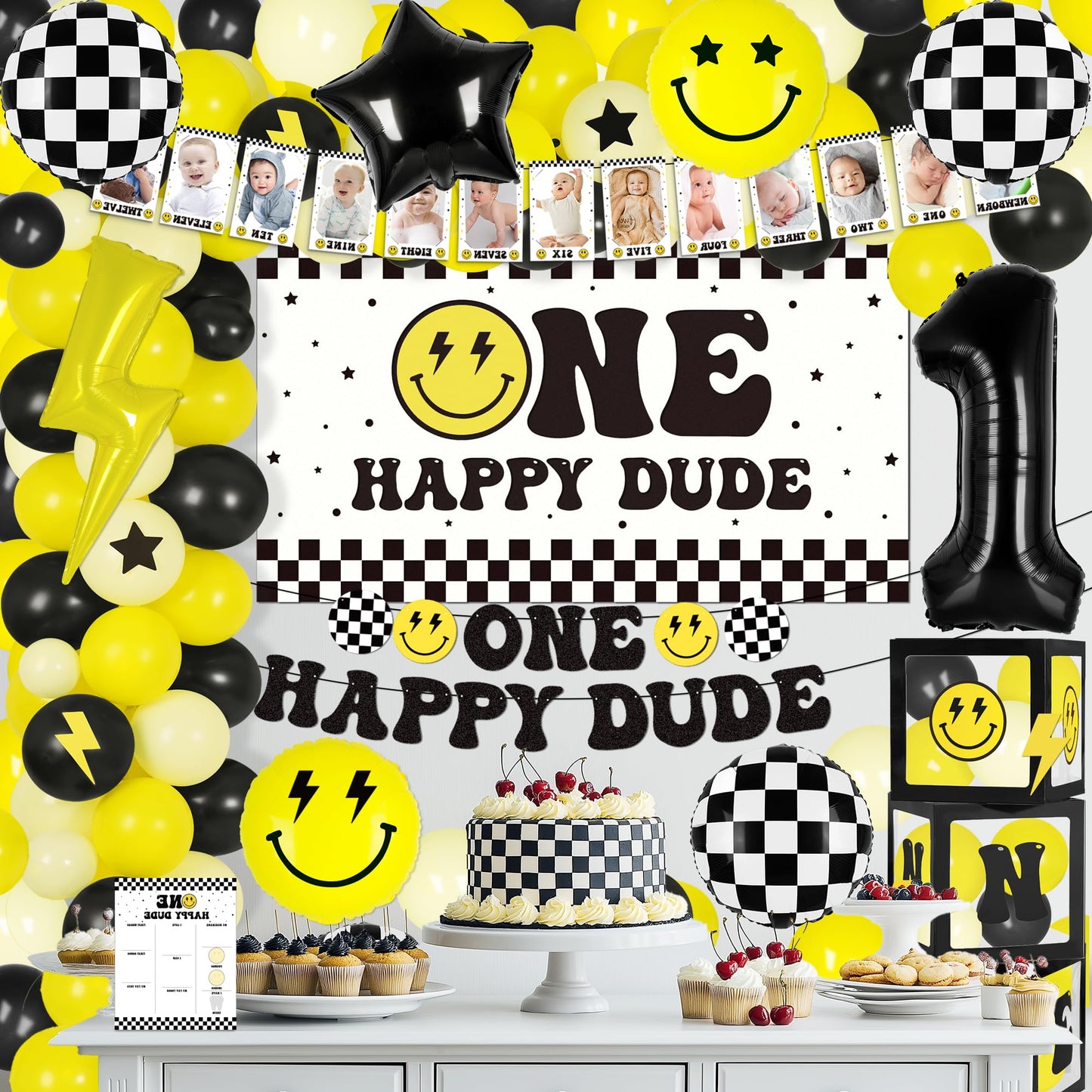 Kriyokiaa One Happy Dude 1st Birthday Decorations First Birthday Smile Face Balloons Arch High Chair Banner Backdrop Birthday Party Supplies Backdrops for Boy Girl