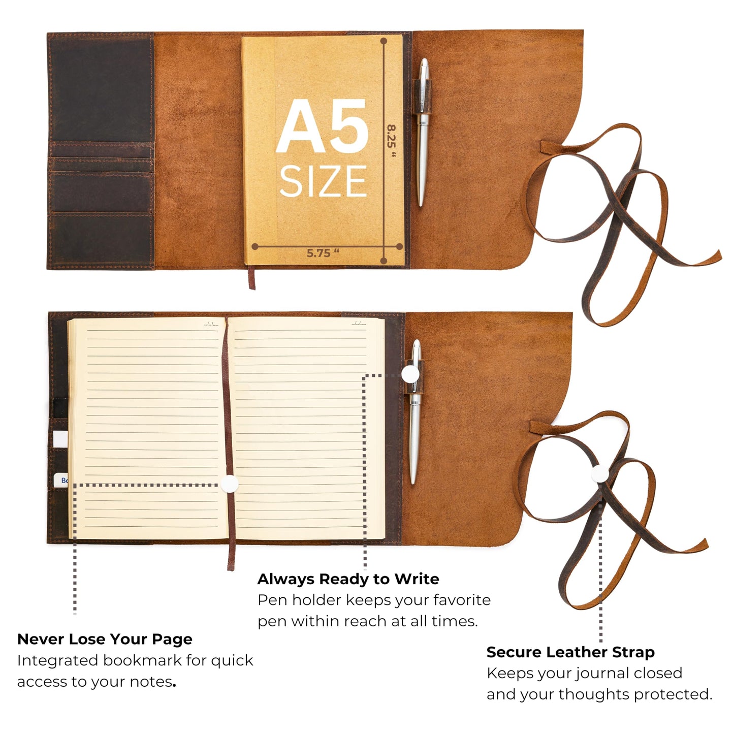 Premium Leather Journal for Men Women - Refillable Leather Notebook Cover with Pen - Leather Bound Notebook Lined Paper A5, Travel Journal - Ideal for Writing, Journals, and Notebooks