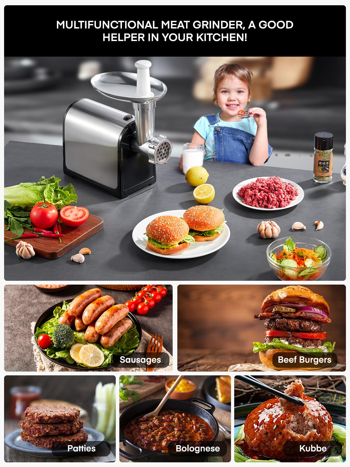 Electric Meat Grinder, 3200W Max Meat Grinders for Home Use, HOUSNAT 3 in 1 Heavy Duty Meat Mincer with 2 Blades and 3 Plates, Sausage Stuffer Tube & Kubbe Kit, Stainless Steel
