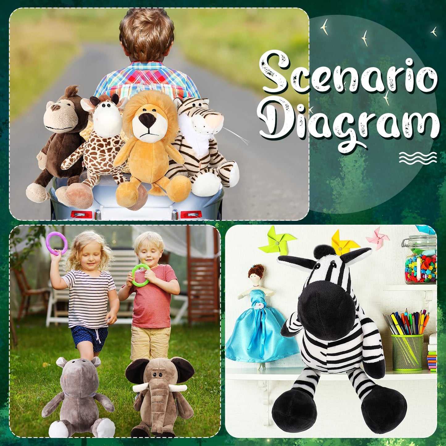 HyDren 20 Pcs Safari Stuffed Animals 11.8'' Plush Jungle Wild Animals Cute Elephant Giraffe Lion Tiger Monkey Stuff Animals Soft Plush Animals in Bulk Stuffed Animals Toy for Toddler Baby Jungle Party