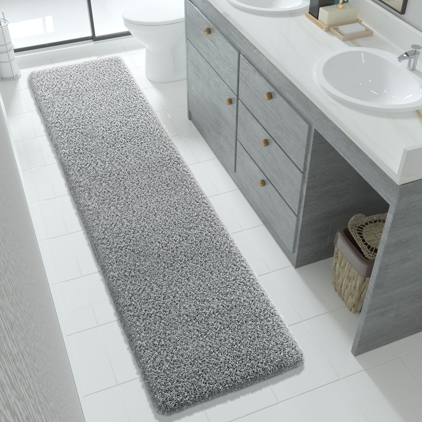 Yimobra Fluffy Plush Bath Rug, Super Shaggy Soft Comfortable Non Slip, Water Absorbent Microfiber Bath Mat, Dries Quickly, Machine Washable Thick Bathroom Rugs for Shower, 70"x 24", Pure Gray