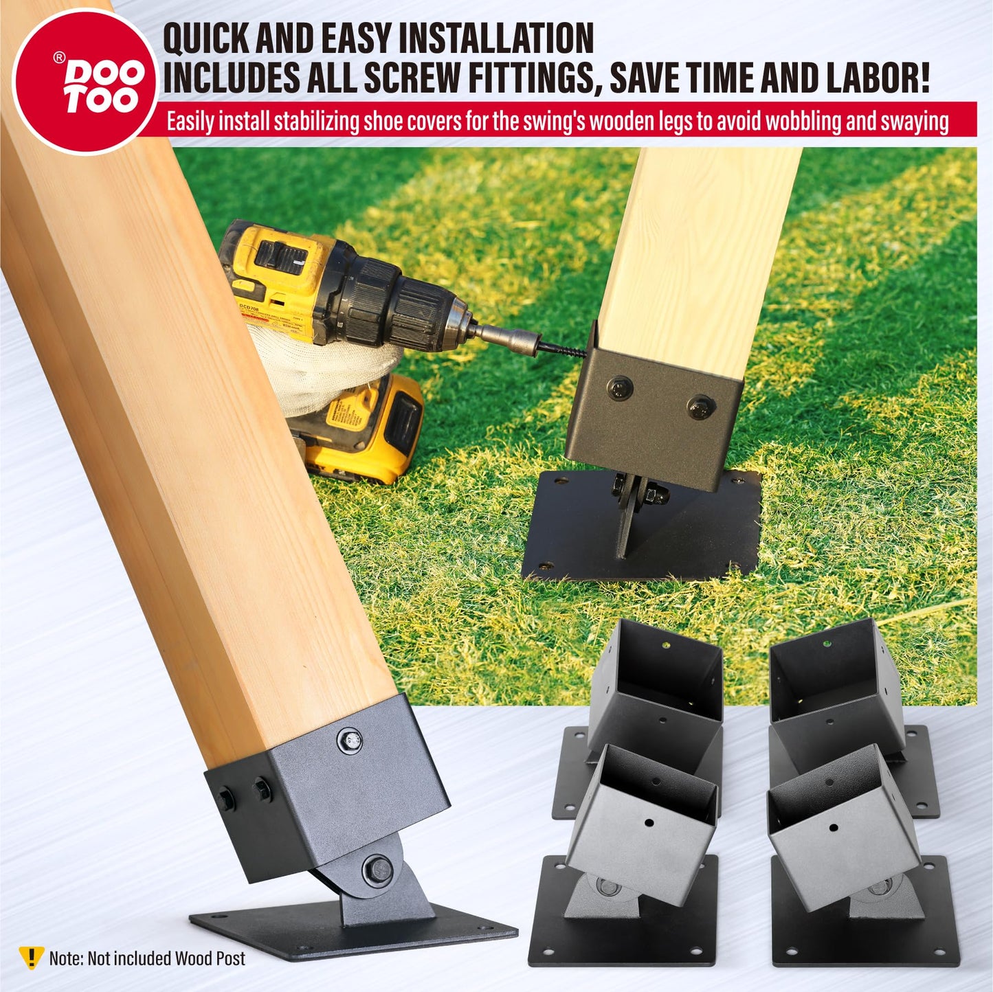 DOOTOO 4-Pack Swing Set Anchor Leveling Kit - 201 Stainless Steel, Swing Set Leveling Bracket for 4"x4" (Actual 3.5"x3.5") Wood Legs, Enhance Swing Set Stability,Protect Wood (Black)
