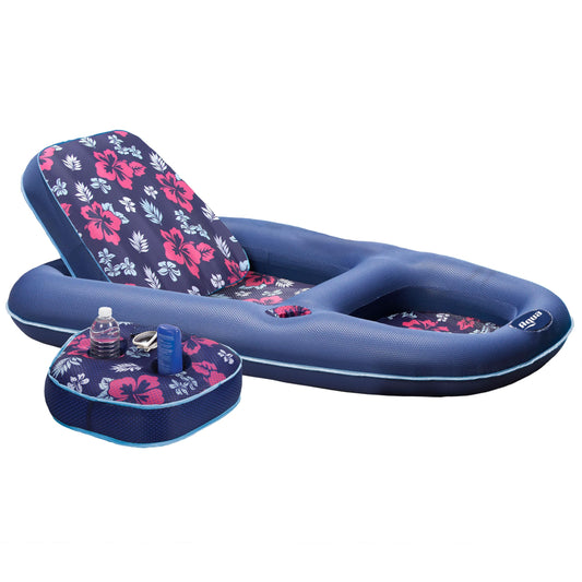 Aqua Campania Ultimate 2-in-1 Pool Float Lounge – Extra Large – Inflatable Pool Floats for Adults with Adjustable Backrest & Cupholder Caddy – Navy Hibiscus