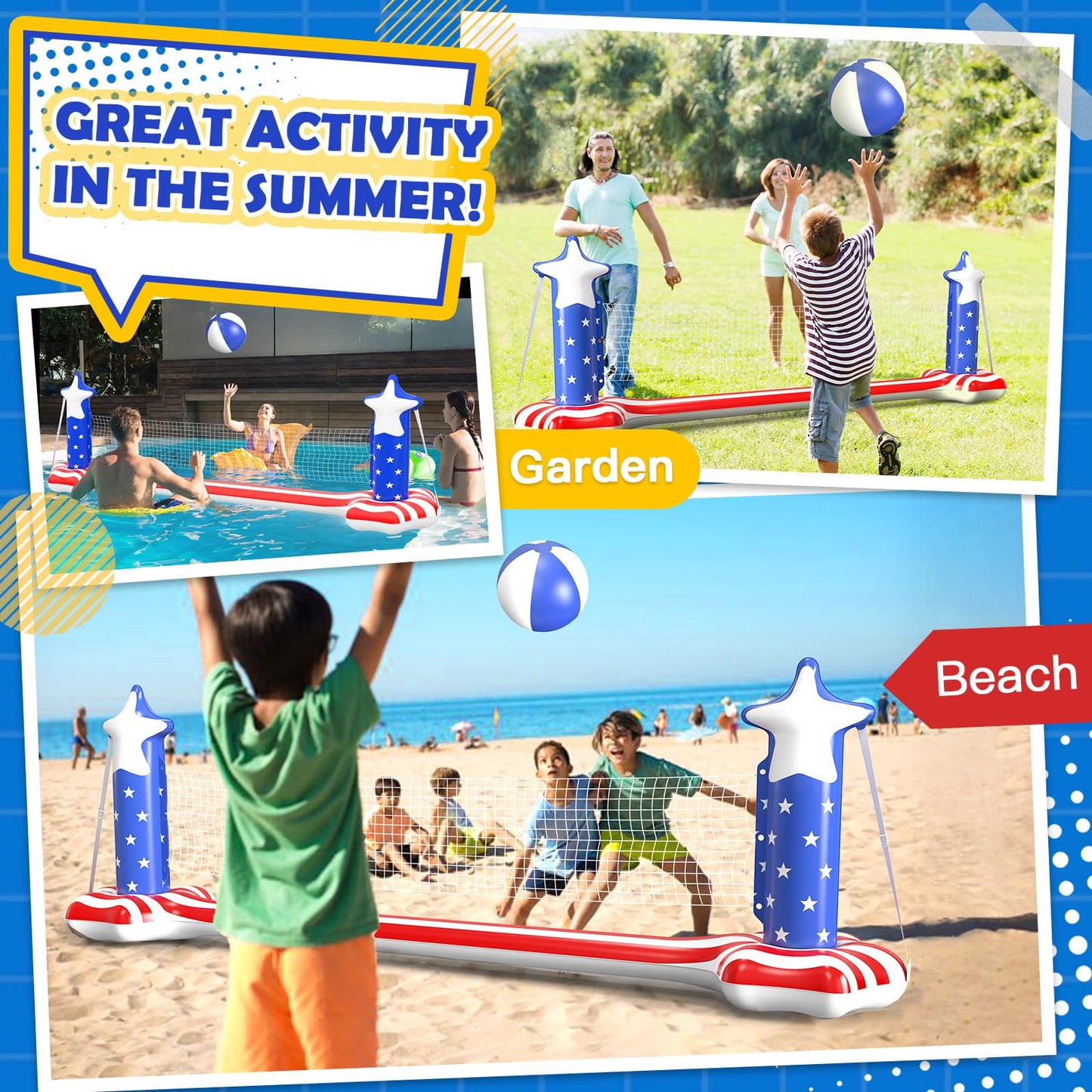 Inflatable Pool Volleyball Net Basketball Hoop 120 Inch Large PVC Pool Volleyball Court Toys Set with 2 Balls and 2 Weight Bags Summer Water Floats