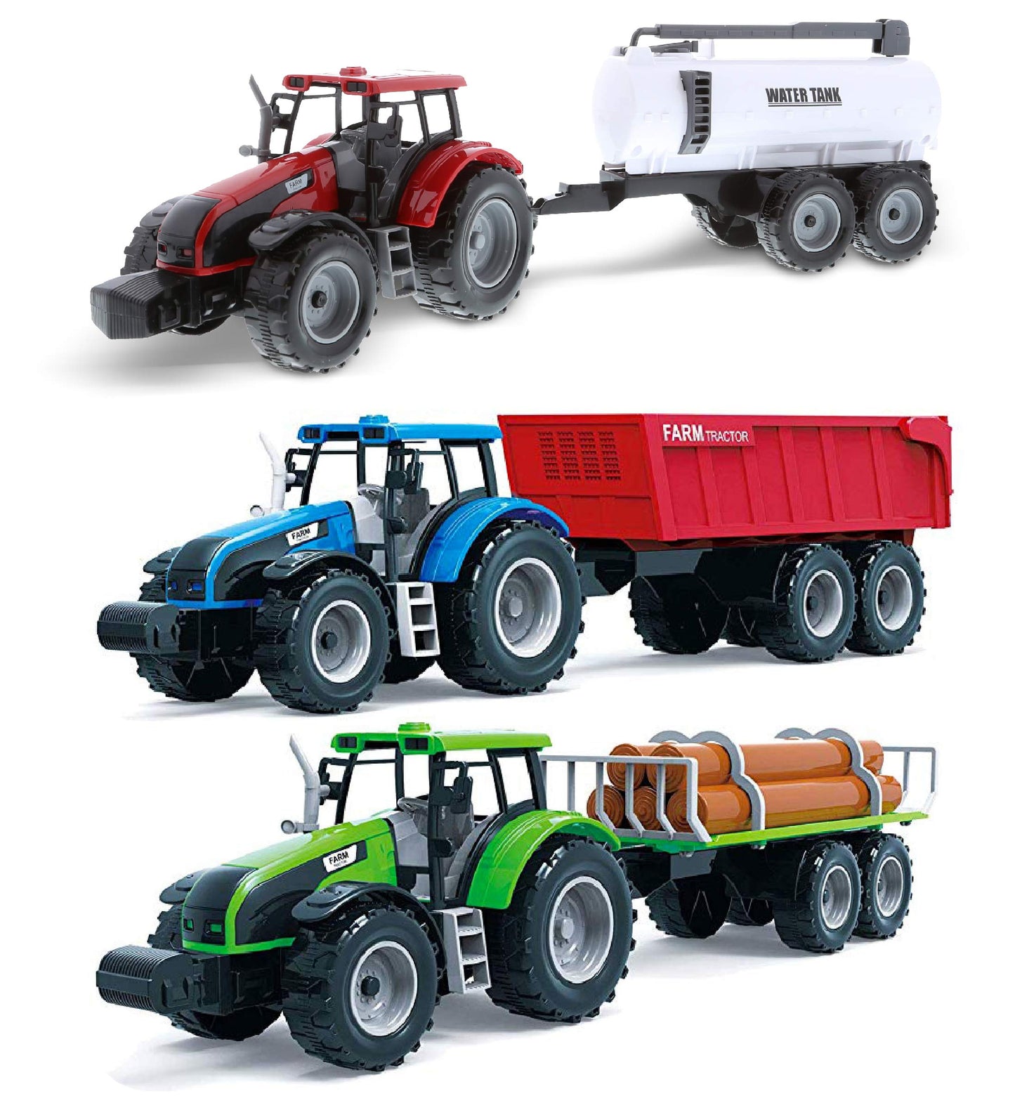 Mozlly Friction Powered Farm Tractor Vehicles, 16.5" Includes Farmer Tractor Water Tank and Log Trailer, Push & Go No Batteries Needed Farming Toys Playset for Boys Kids Toddlers (3pc Set)