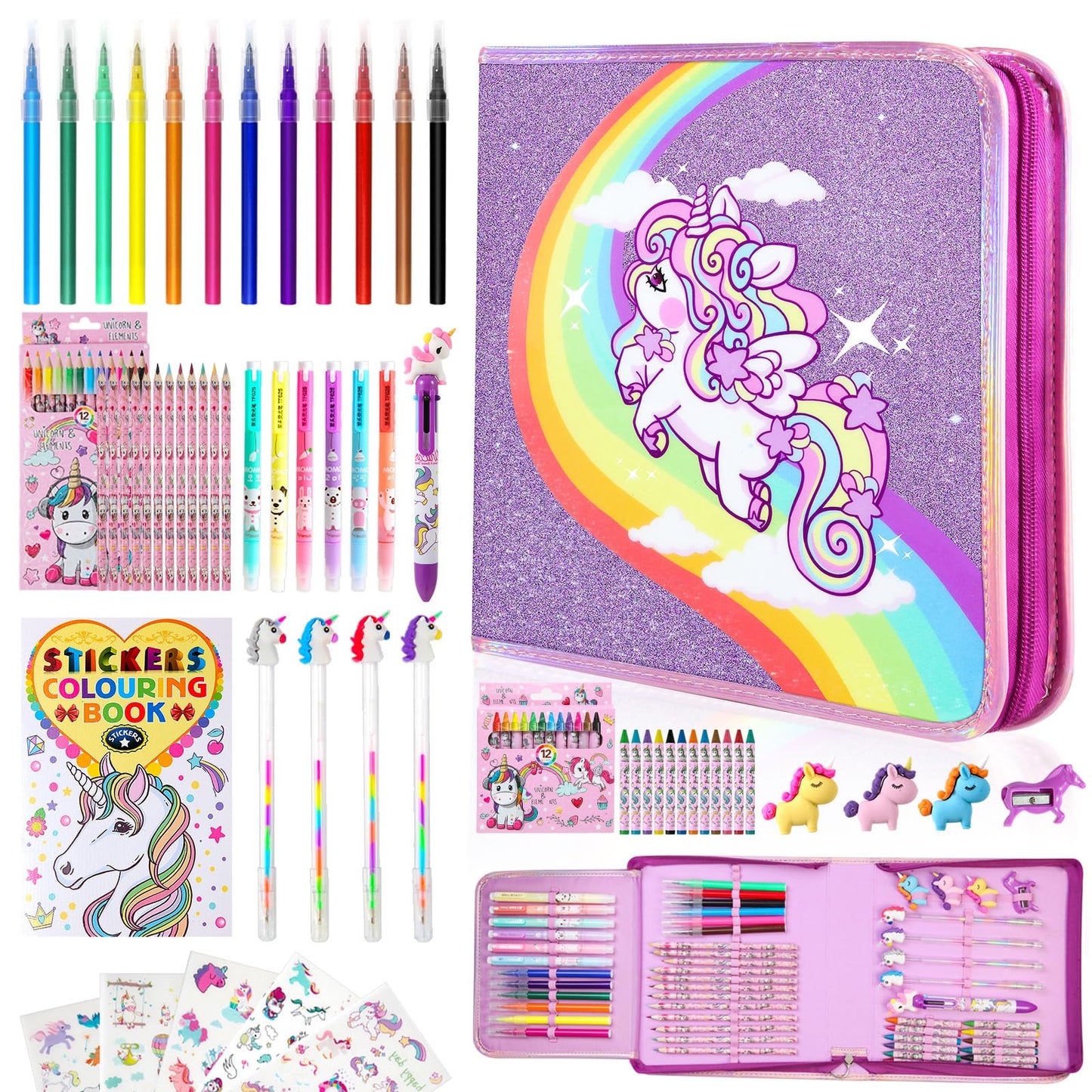 CozyJoyz Unicorn Marker Set Washable 59 Pieces Arts and Crafts Painting Set for Kids Drawing Art Supplies Birthday Gifts for Girls Toys for 4 5 6 7 8 9 Years Old (Purple)