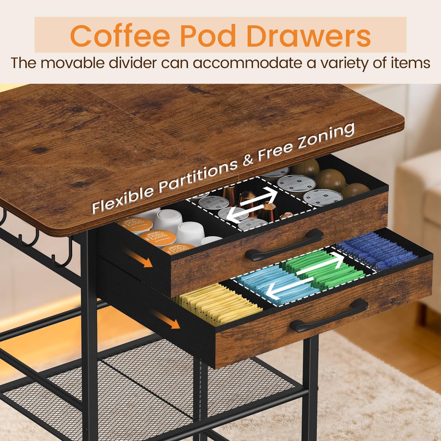 Snughome 5 Tier Rolling Coffee Cart with 2 Large Drawers & Removable Dividers, Extra-Wide Coffee Bar Cart with Storage, Farmhouse Coffee Station Cabinet for Living Room, Kitchen, Office