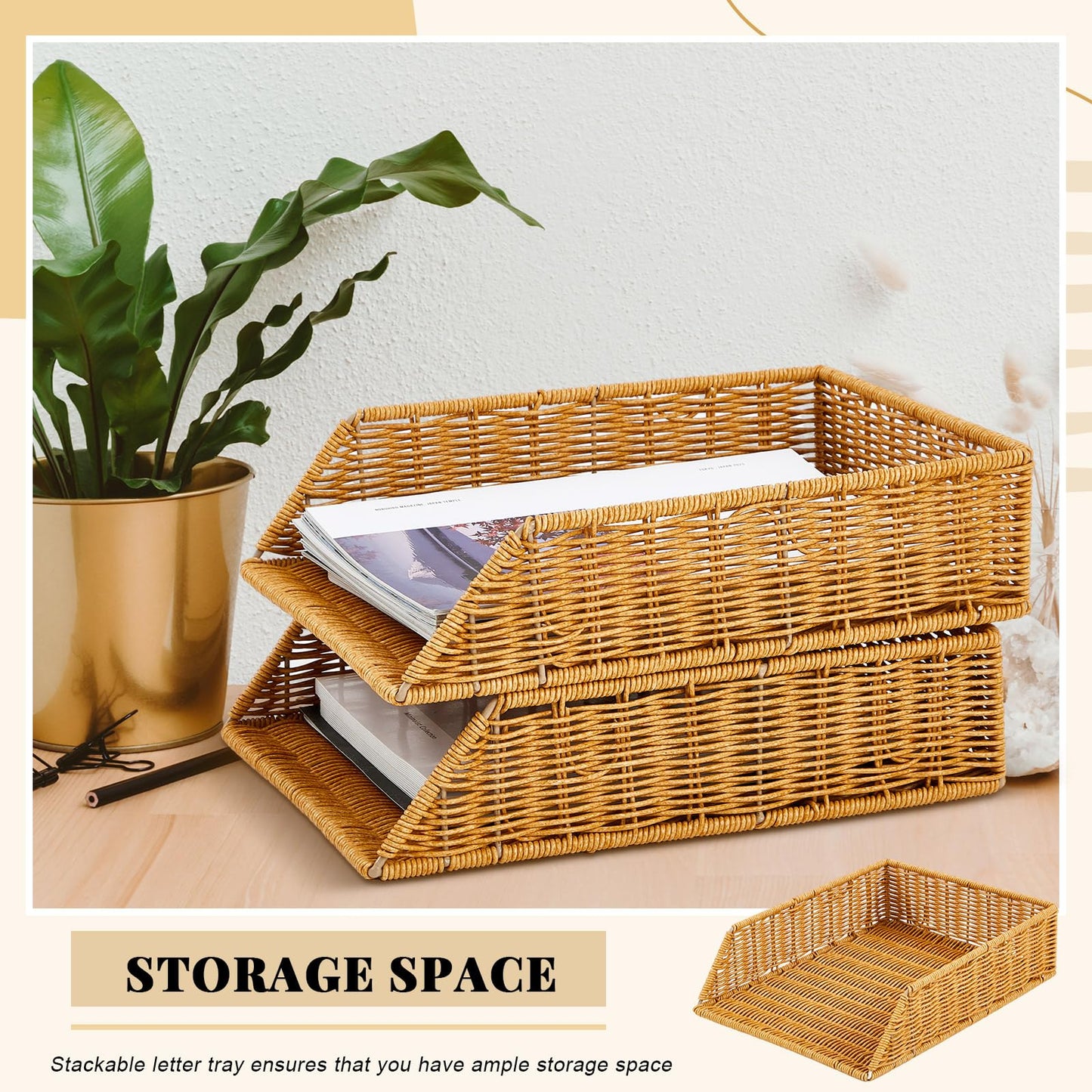 Yeaqee 2 Pcs Paper Tray Organizer for Desk Woven Letter File Organizer A4 File Tray Desk Paper Basket Letter Size Imitation Rattan Holder Organization Rack for Office Storage(Brown,Sleek Style)
