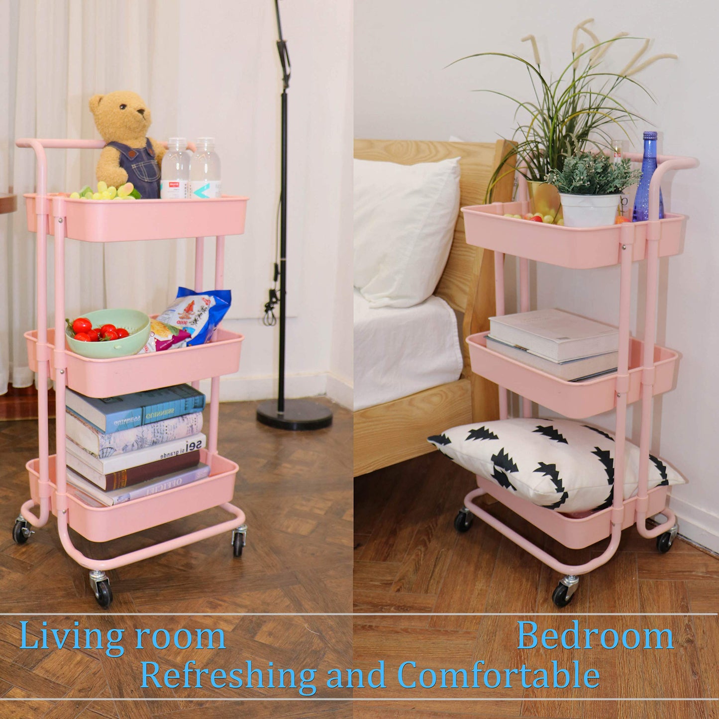 Piowio 3 Tier Utility Rolling Cart Multifunction Organizer Shelf Storage Cart with 3 Pieces Cups and 8 Pieces Hooks for Home Kitchen Bathroom Laundry Room Office Store etc. (Pink)