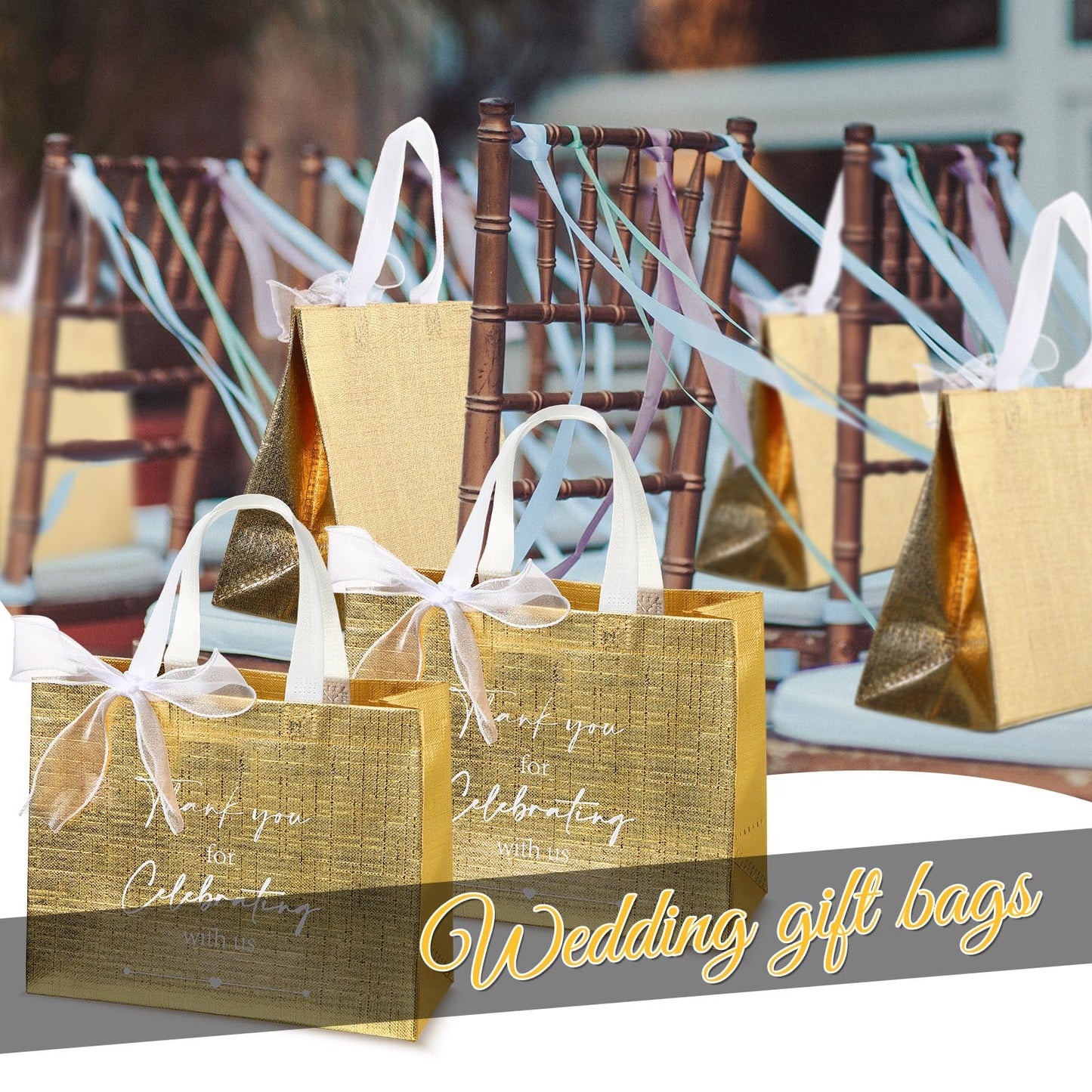 CHENGU 100 Pcs Thank You for Celebrating with Us Wedding Gift Bags for Hotel Guests Bulk Welcome Bags Reusable Non Woven Tote with Handle for Bridal Shower Party Favor(Gold)