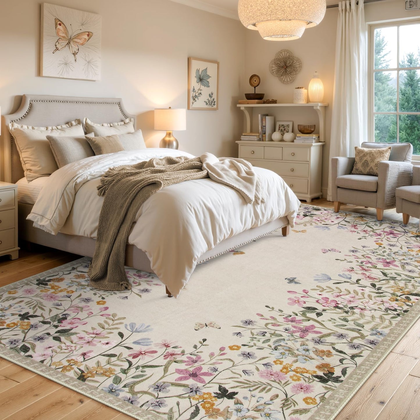 Wonnitar 5x7 Area Rug for Living Room, Floral Washable Rug for Bedroom, Boho Botanical Nursery Rug, Non Slip Soft Farmhouse Carpet, Beige Kids Playroom Decor (5x7 Beige)