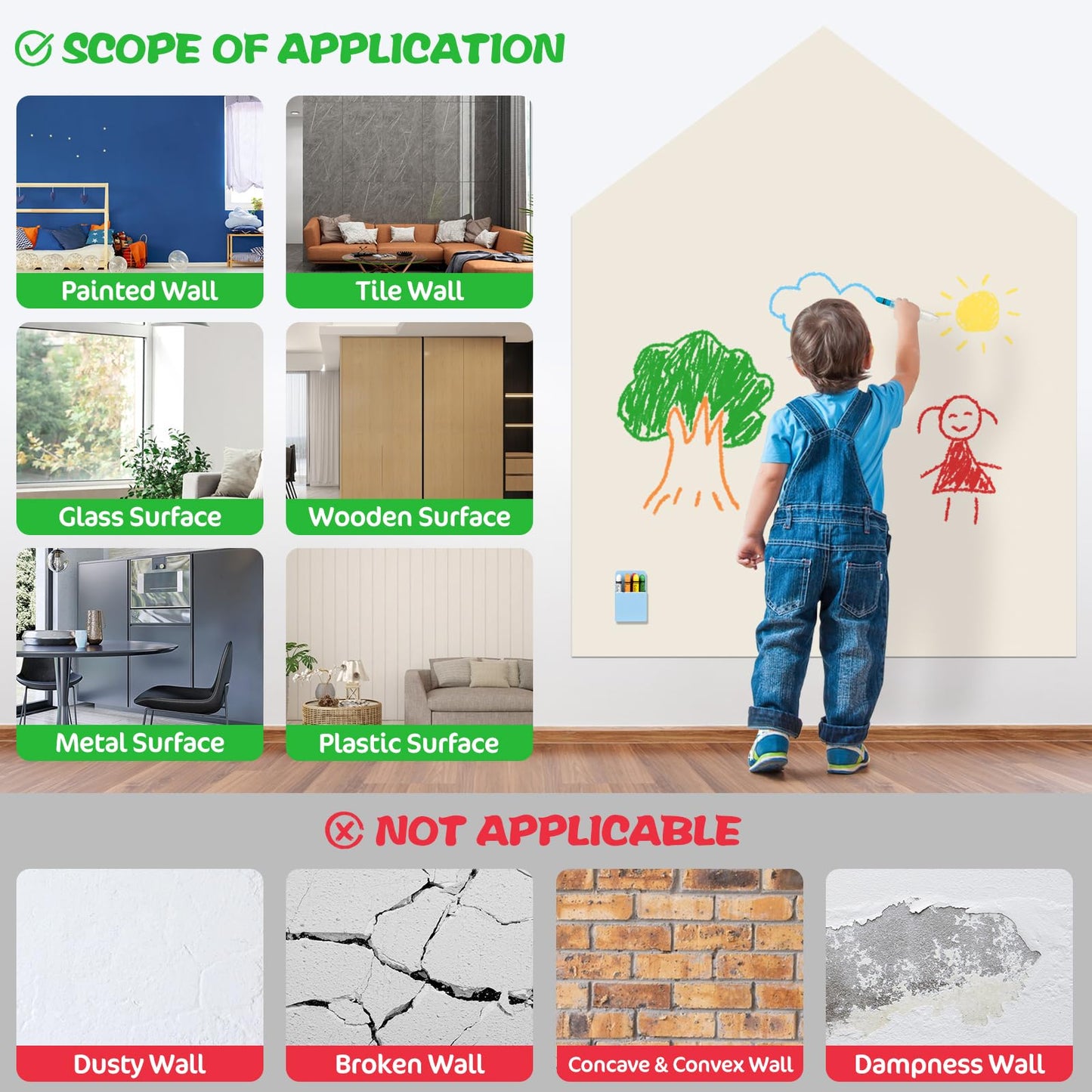 Magnetic Wall Decal for Kids, 40"x32" Magnetic Chalkboard for Wall, Self Adhesive Wall Sticker Board with 6 Dustless Chalks, Chalk Holder, Wipe Cloth, Magnetic Wallpaper for Playroom, Home