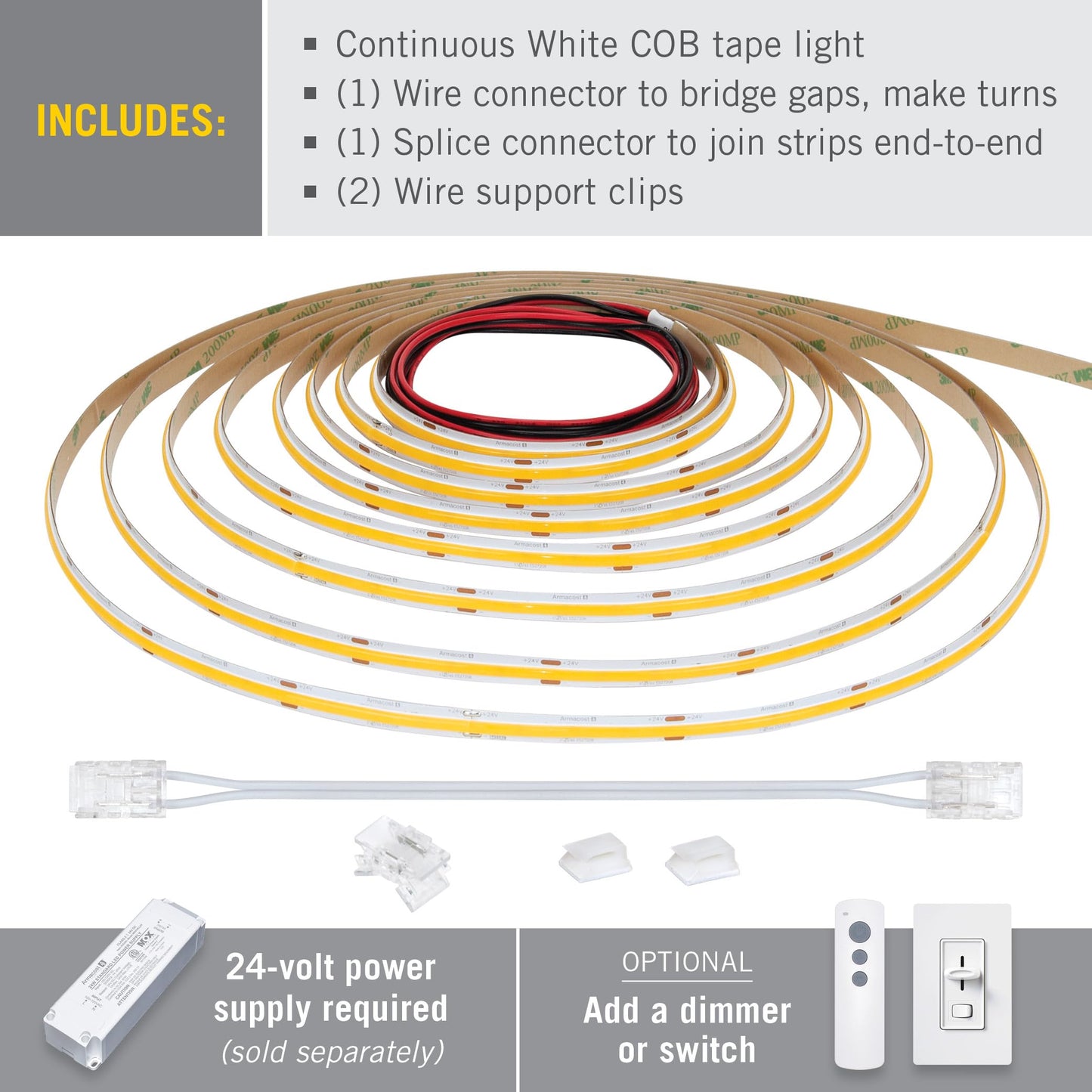 Armacost Lighting RibbonFlex Pro 24V White COB LED Strip Light Tape 3000K, 165 Lumens/Ft, 5M 171230