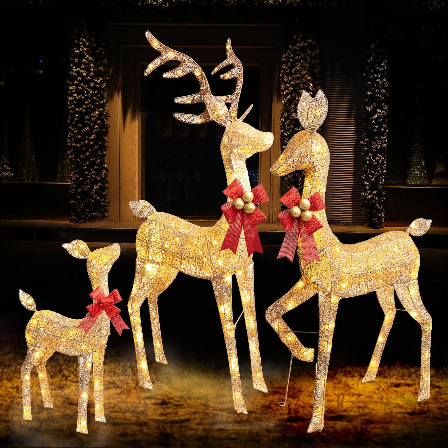 3Pcs Large Lighted Reindeer Christmas Decorations, 3D Yard Deer Decor Family Set for Indoor or Outdoor Yard Art- with 210 Warm White LED Lights,Ground Stakes,Zip Ties