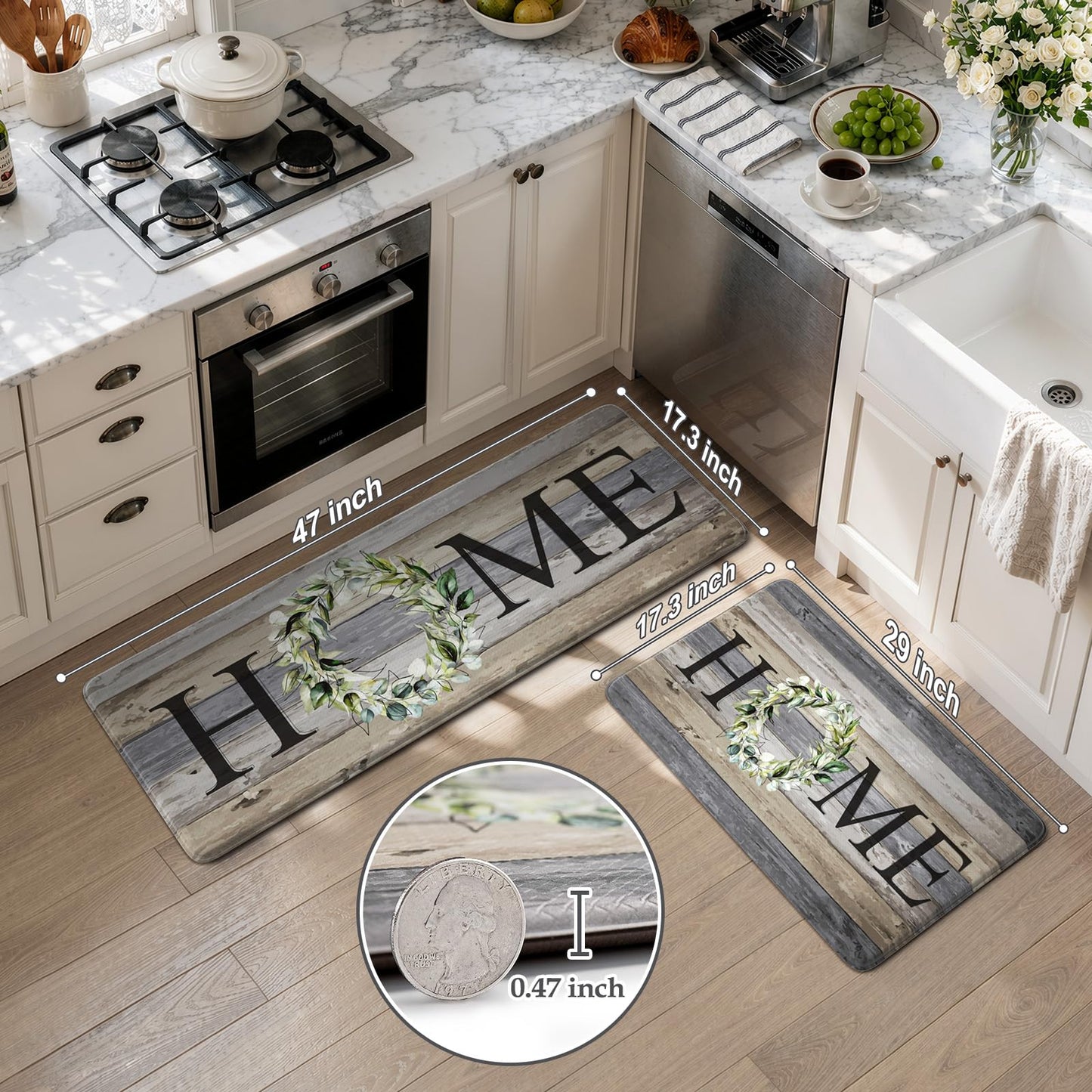 KIMODE Kitchen Mats for Floor 17"x47"+17"x29", Farmhouse Kitchen Rugs Sets of 2, Anti Fatigue Mats for Kitchen Floor, Cushioned Comfort Kitchen Floor Mats for Sink, Laundry, Desk Grey