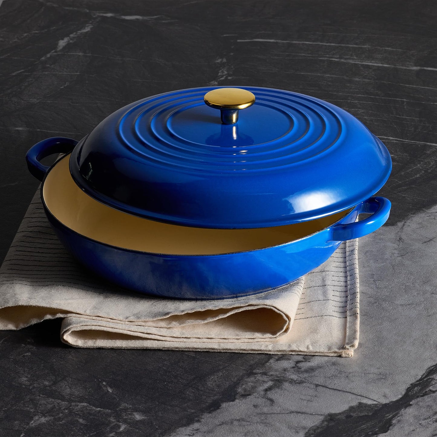 CAROTE 3.4QT Enameled Cast Iron Braiser Pan, Shallow Dutch Oven Casserole Skillets, Non-Toxic Cast Iron Pot with Lid for Grilling, Searing, Baking, Dual Handles, All Stovetop Compatible, Blue