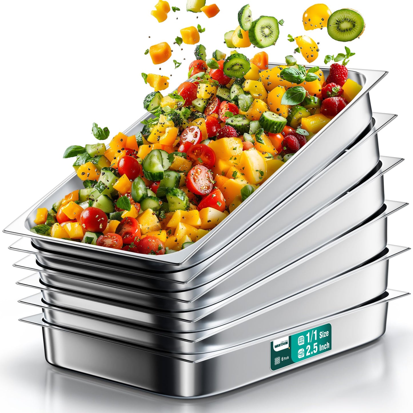 WantJoin Steam Table Hotel Pans 1/1 Full Size 2.5 Inch Deep 6 Pack, Stainless Steel Metal Tray Sets Food Storage Container for Restaurant Chafing Dishes Commercial Buffet Warmer Catering Supplies